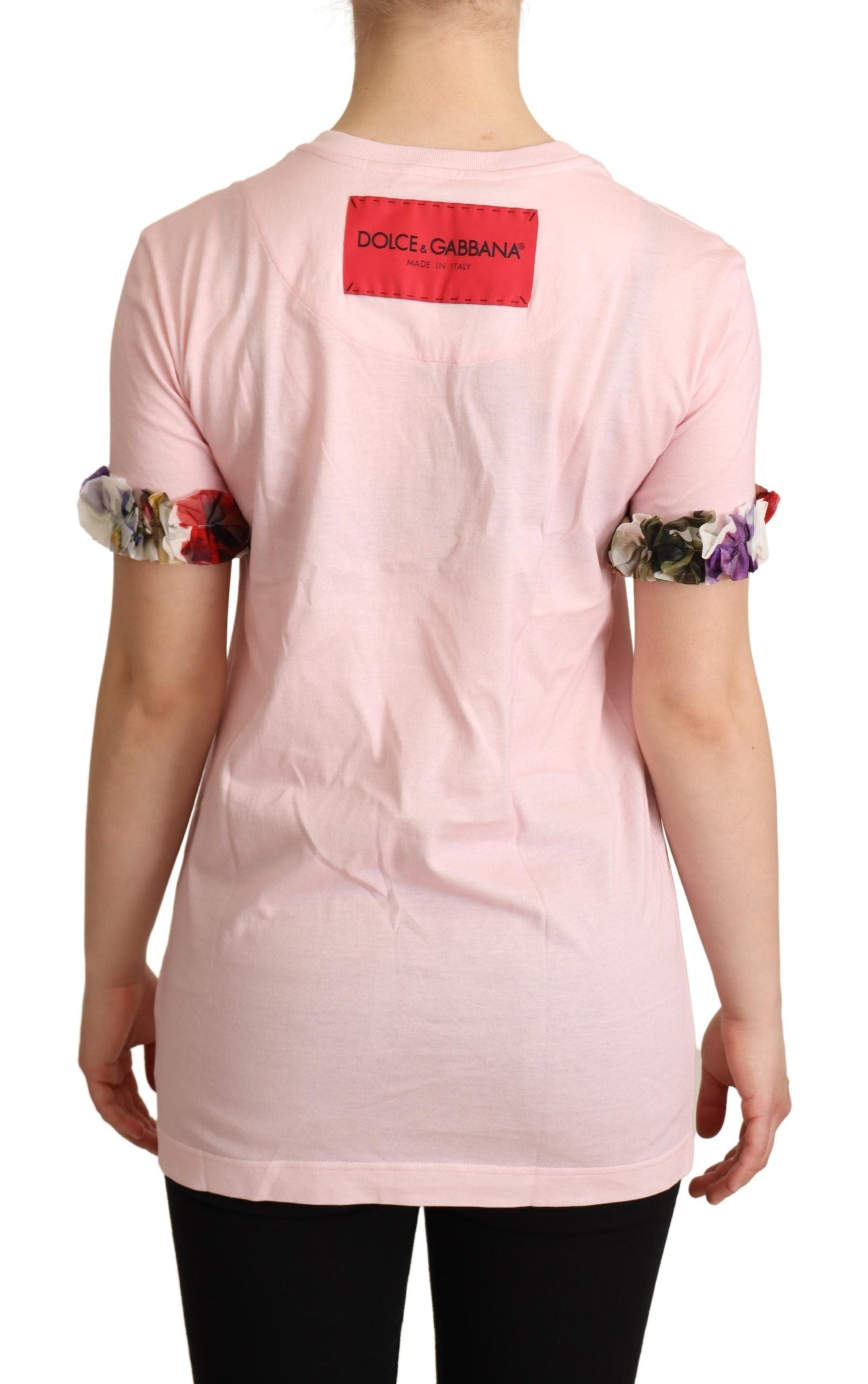 Dolce & Gabbana pink cotton T-shirt with floral roses and round neck-3