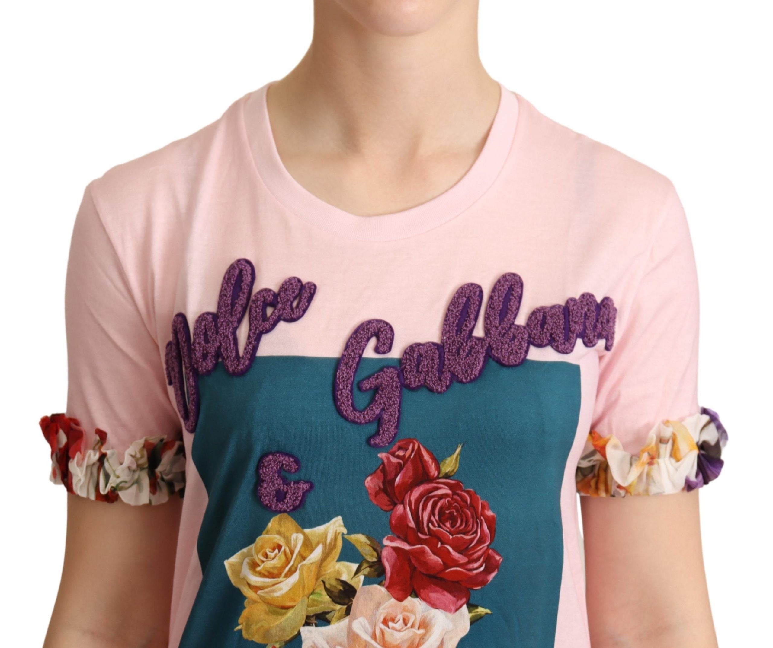 Dolce & Gabbana pink cotton T-shirt with floral roses and round neck-4