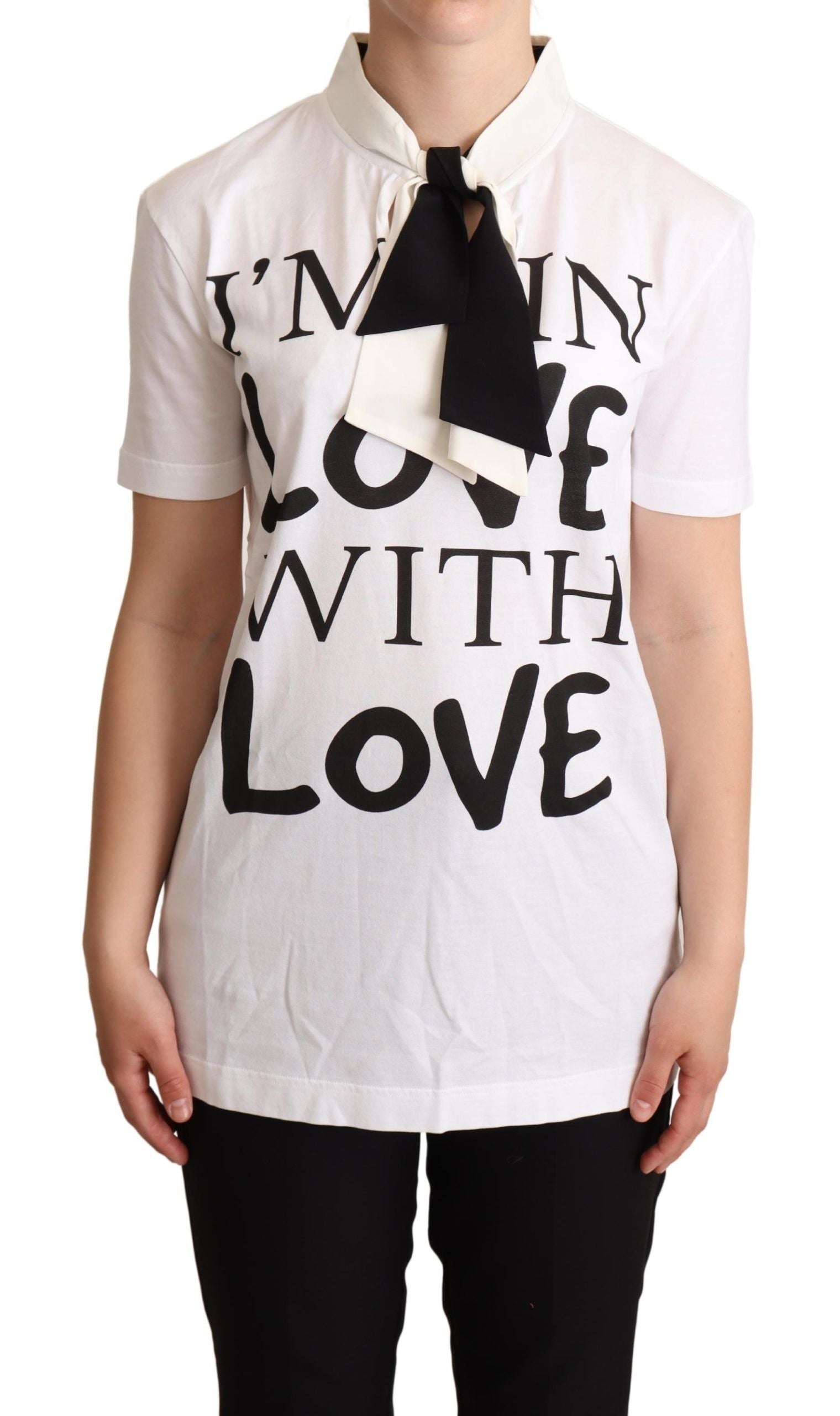 Dolce & Gabbana white T-shirt with ascot collar in a cotton-silk blend-1