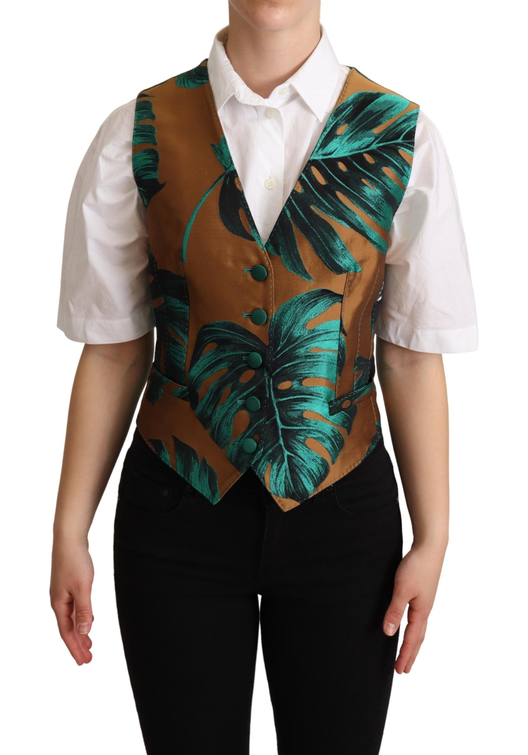 Dolce & Gabbana Green Jacquard Leaf Gold Vest-1