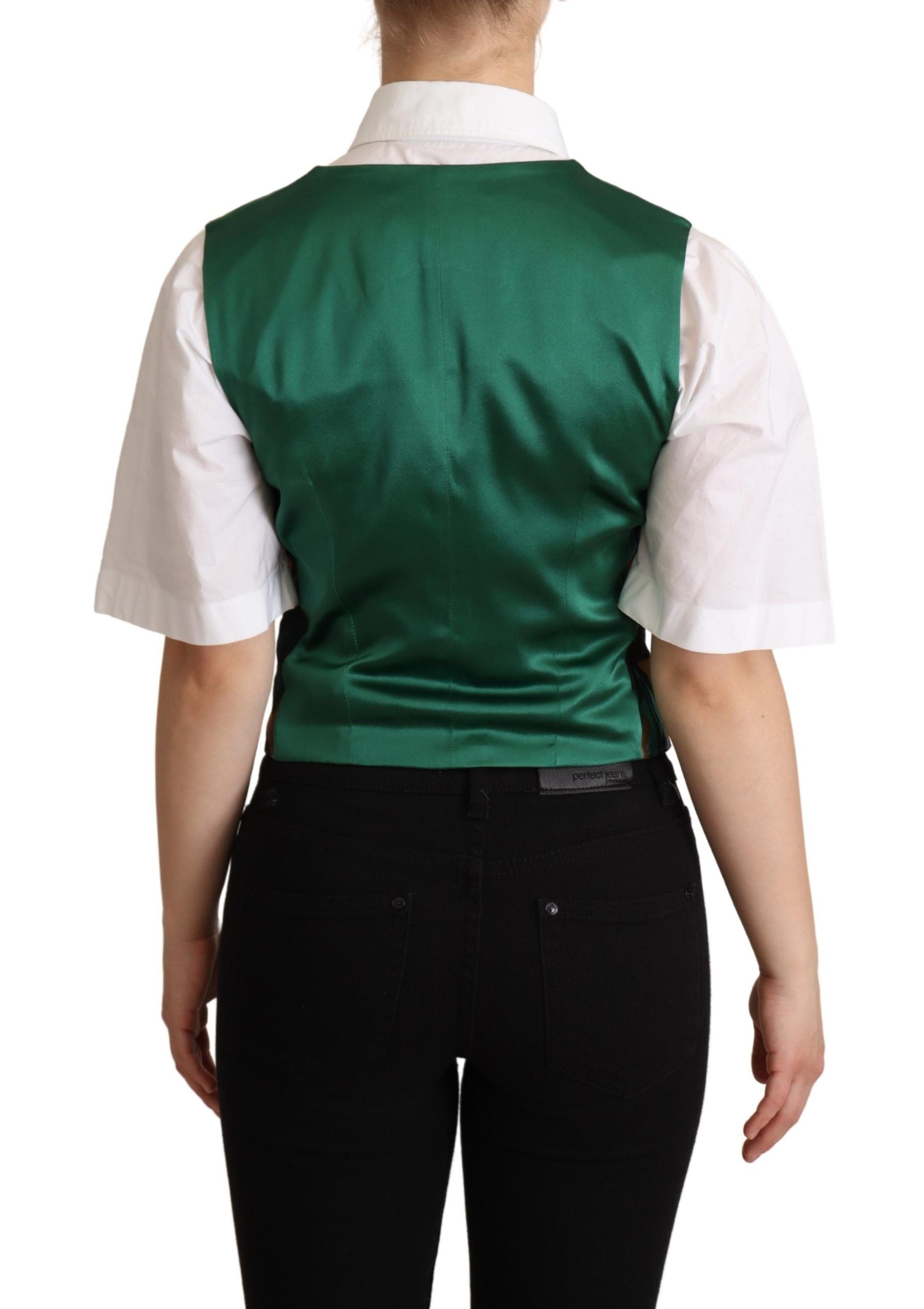 Dolce & Gabbana Green Jacquard Leaf Gold Vest-3