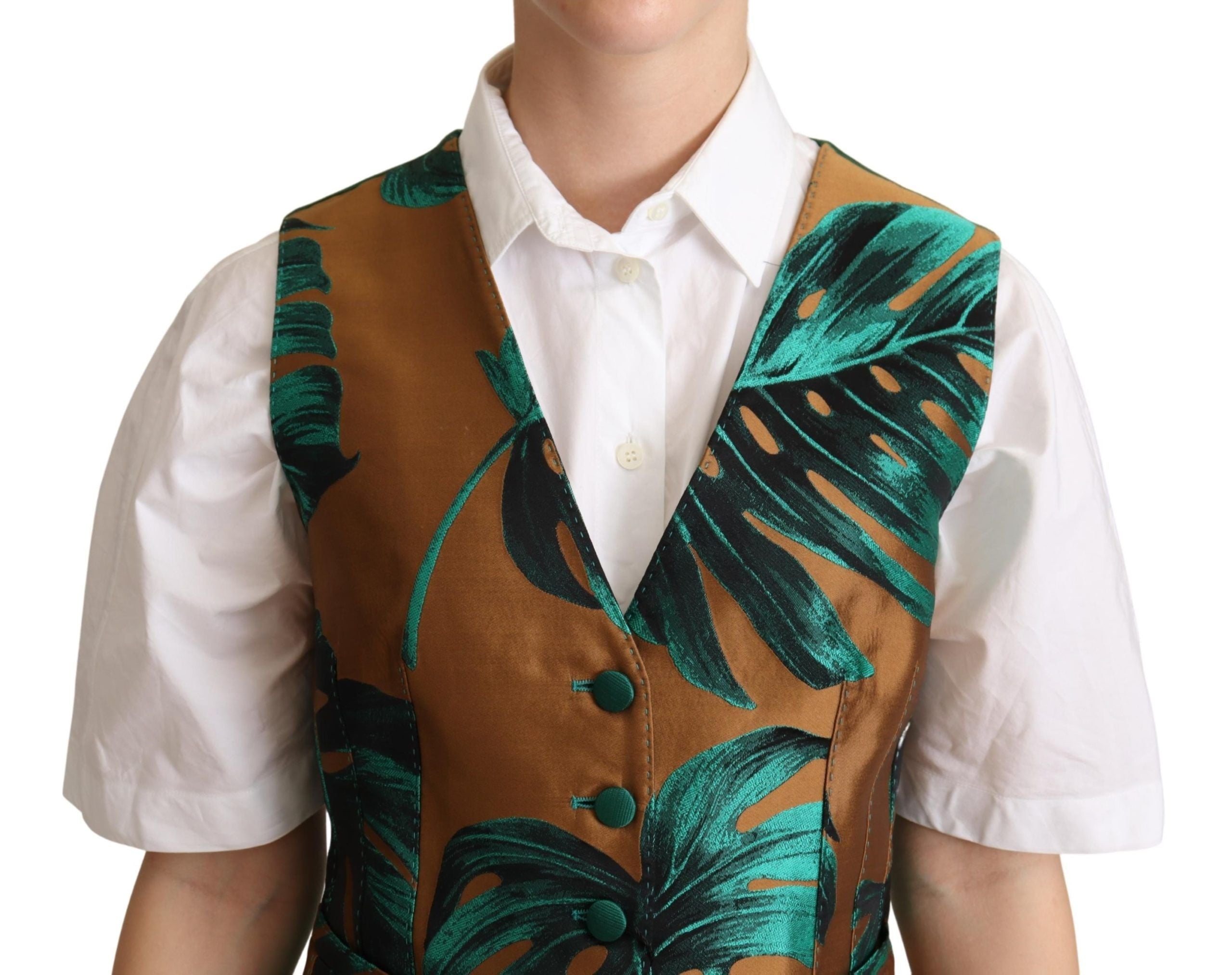 Dolce & Gabbana Green Jacquard Leaf Gold Vest-4