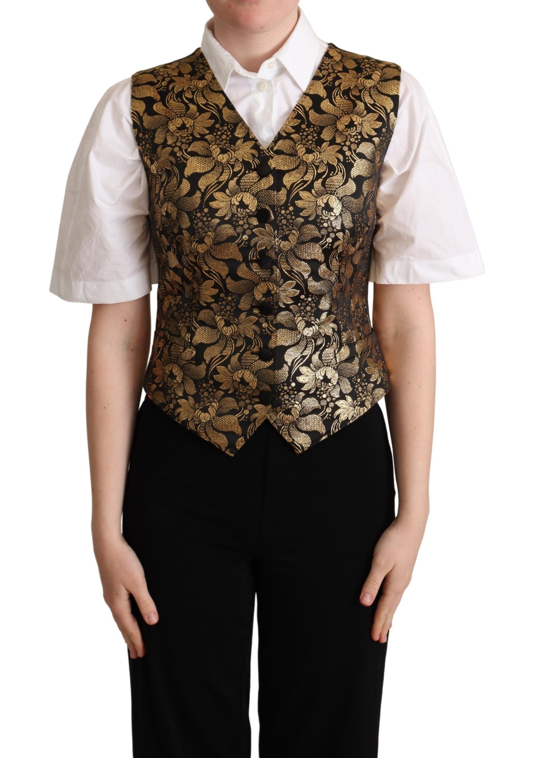Dolce & Gabbana Schwarz-Gold-Jacquard-Seidenweste Vest-1