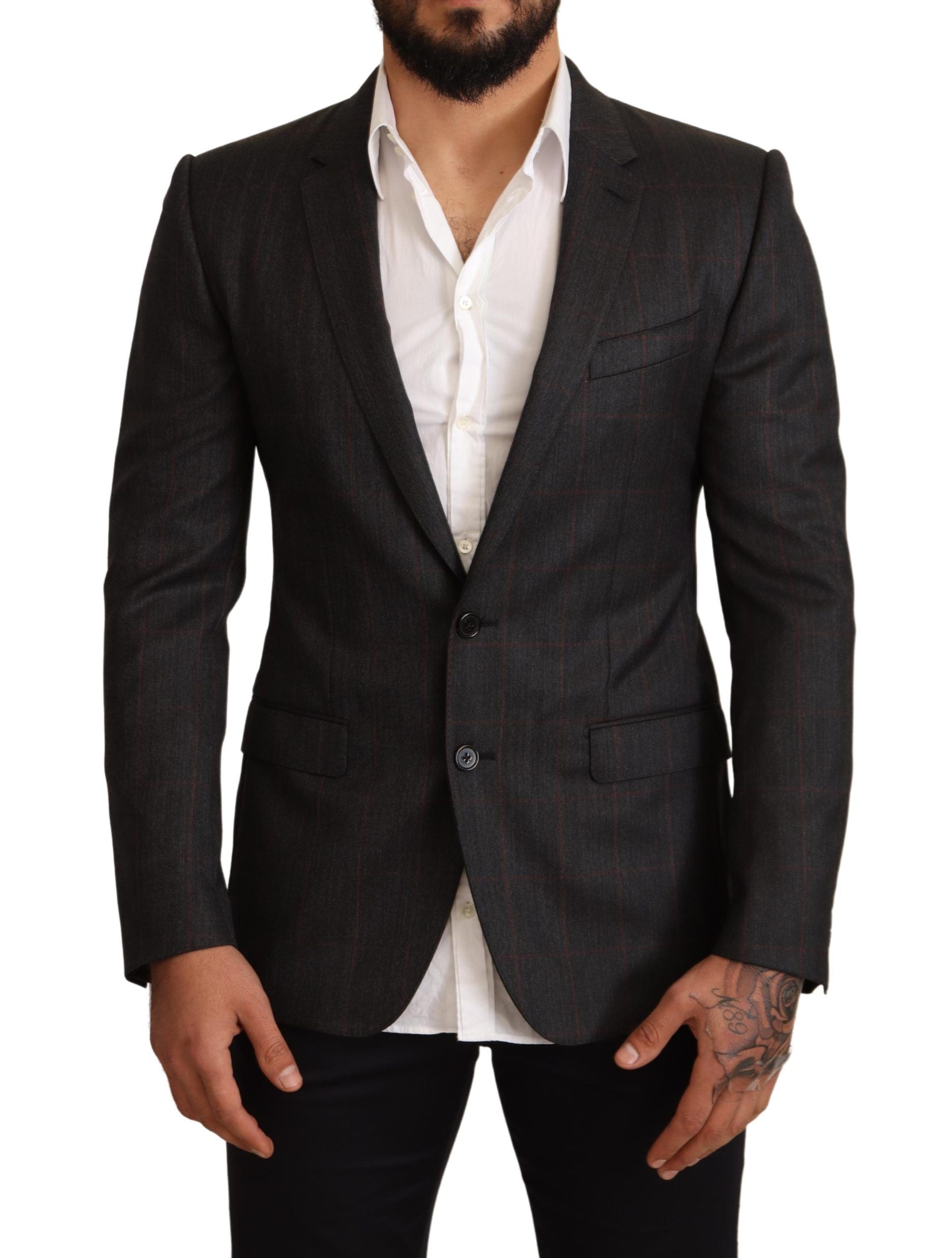 Dolce & Gabbana Grey Check Wool Jacket with Slim Fit Blazer
