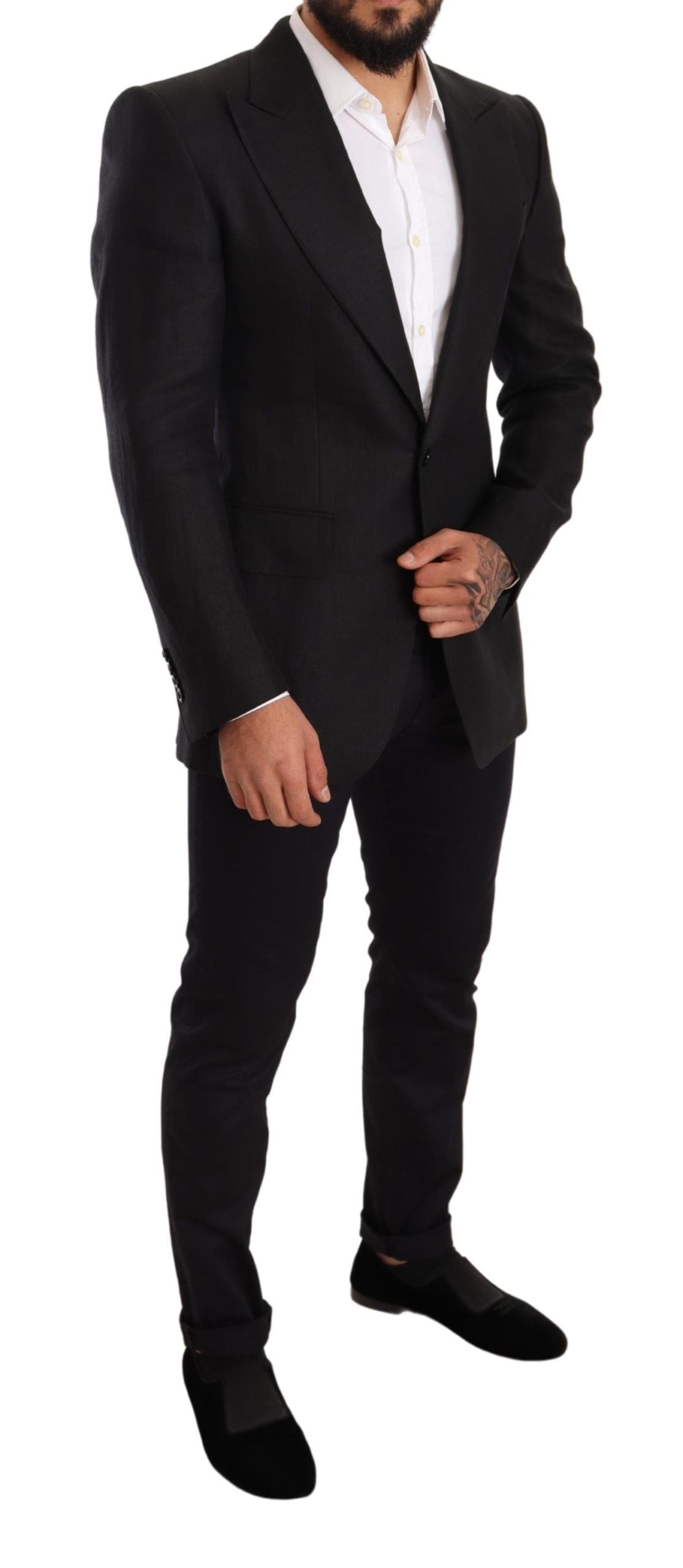 Dolce & Gabbana Schwarzer Leinenmantel Slim Fit Jacke Blazer-5