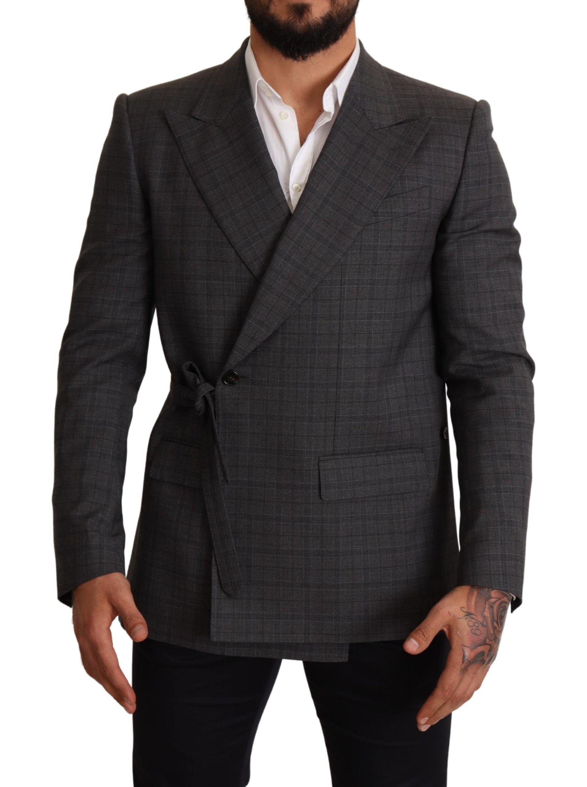 Dolce & Gabbana Grey Check Wool Jacket with Slim Fit Blazer