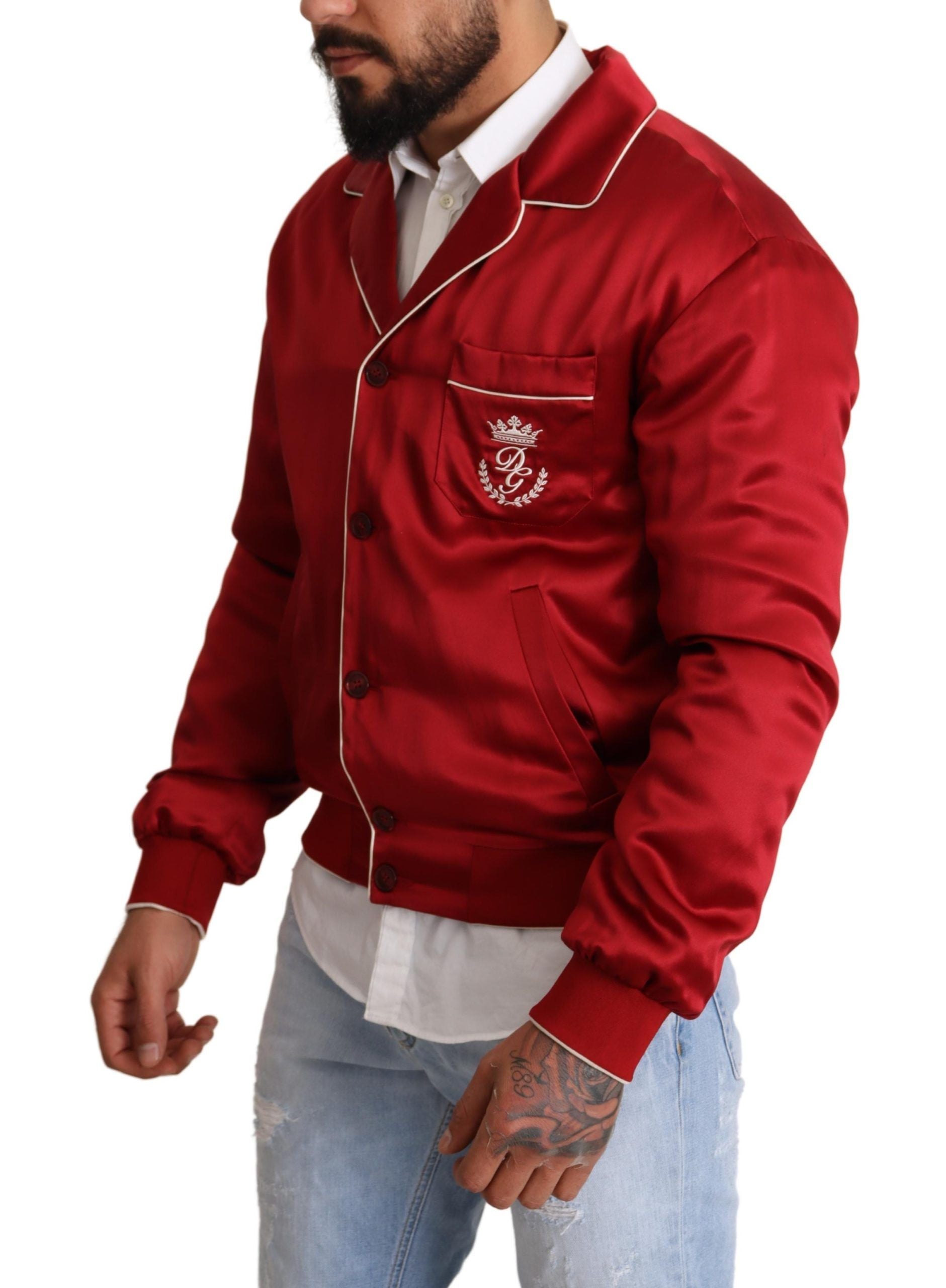 Dolce & Gabbana Red Silk Button DG Logo Bomber Jacket-2