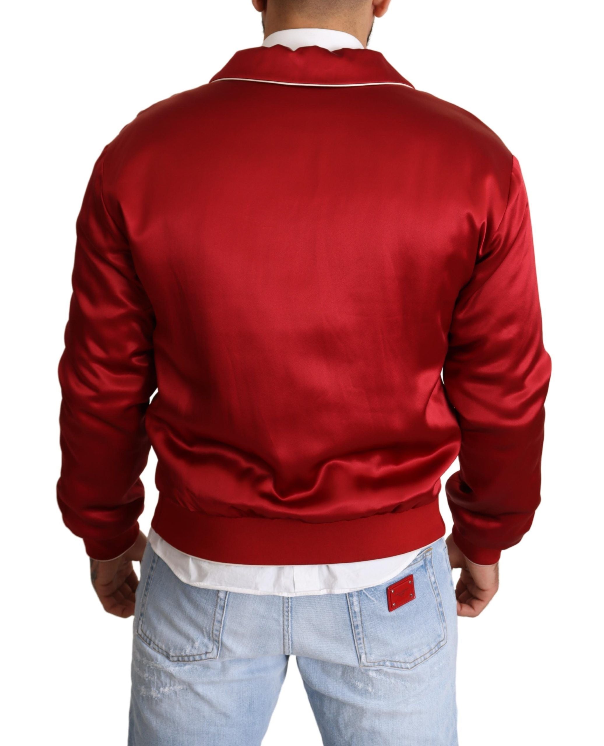 Dolce & Gabbana Red Silk Button DG Logo Bomber Jacket-3