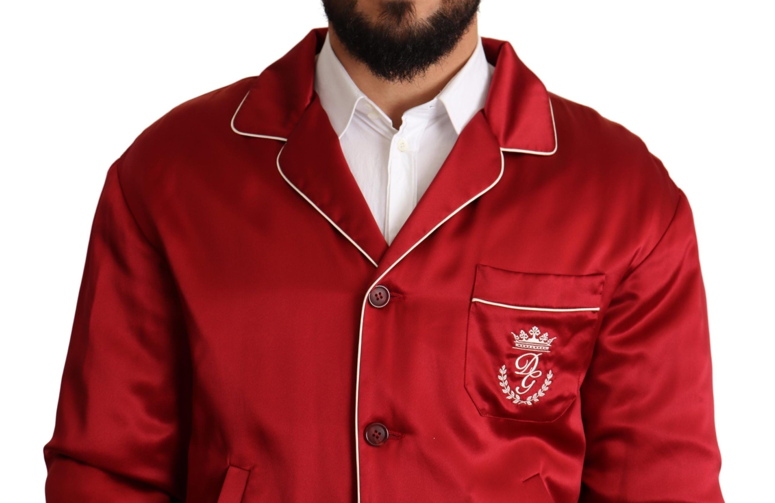 Dolce & Gabbana Red Silk Button DG Logo Bomber Jacket-4