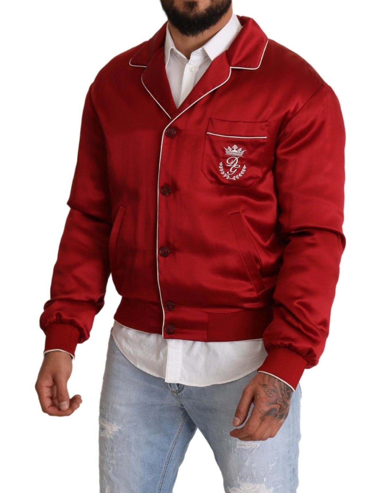 Dolce & Gabbana Red Silk Button DG Logo Bomber Jacket-5