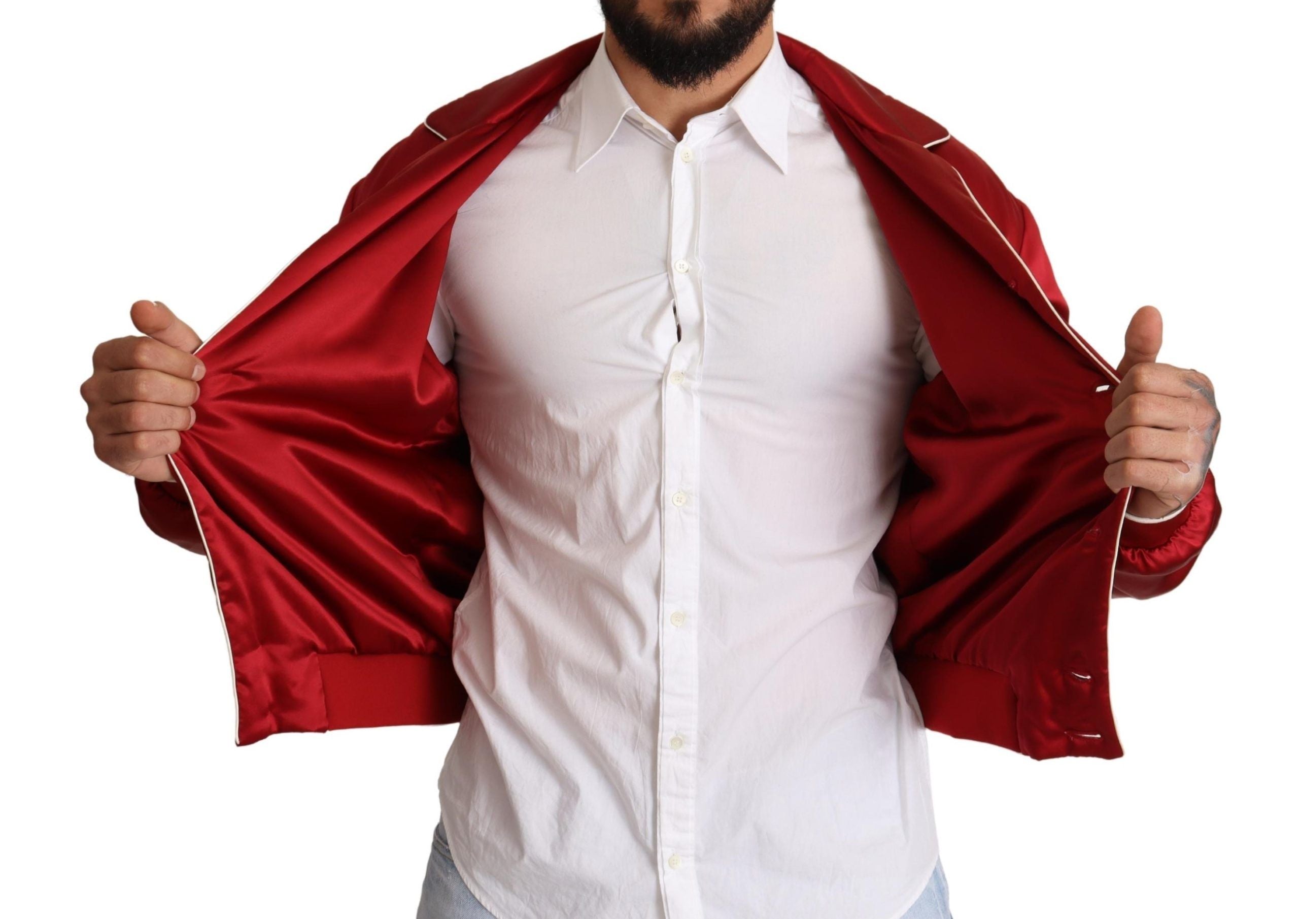 Dolce & Gabbana Red Silk Button DG Logo Bomber Jacket-6