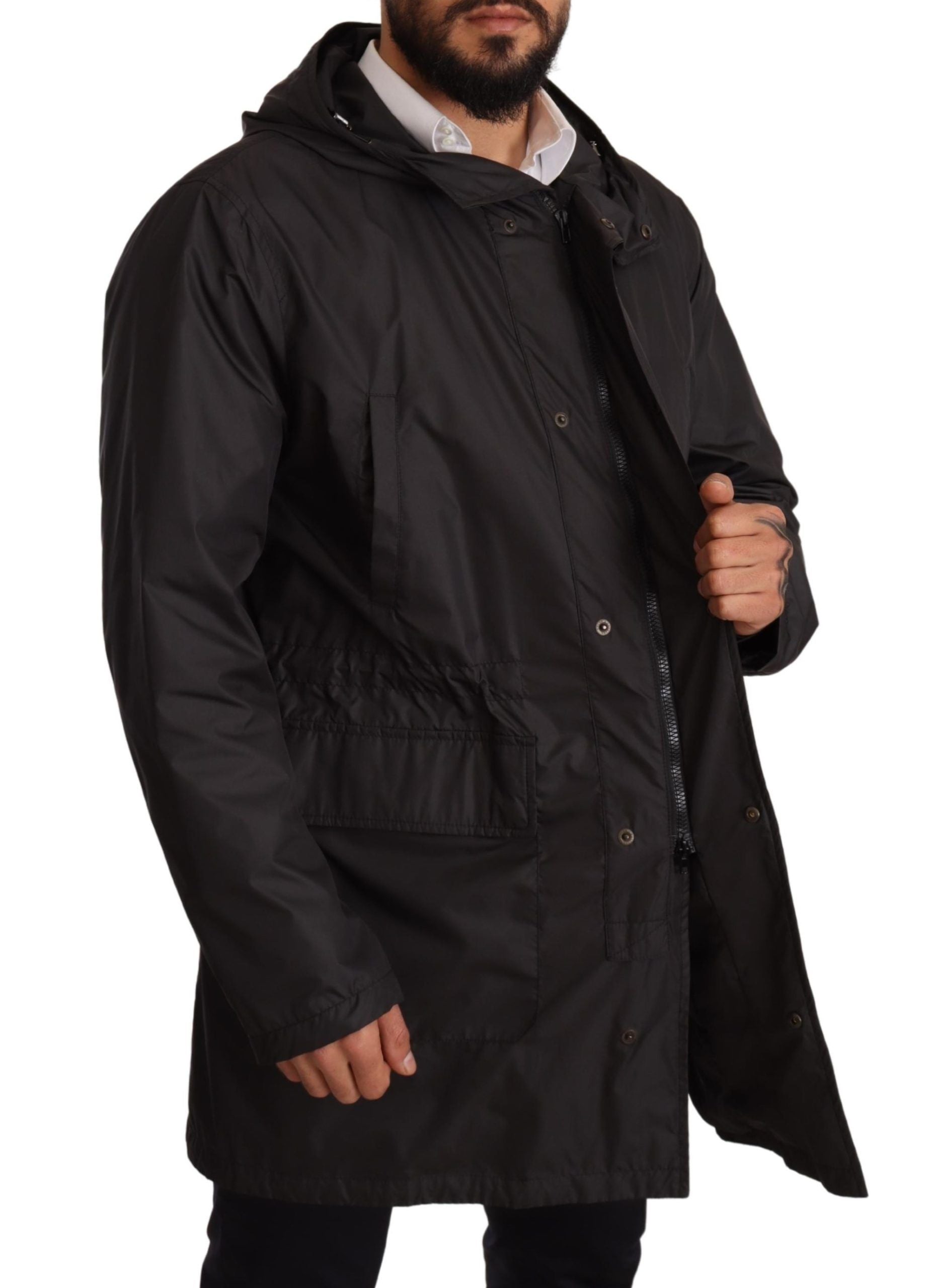 Dolce & Gabbana Black Hooded Trench Coat Jacket-7