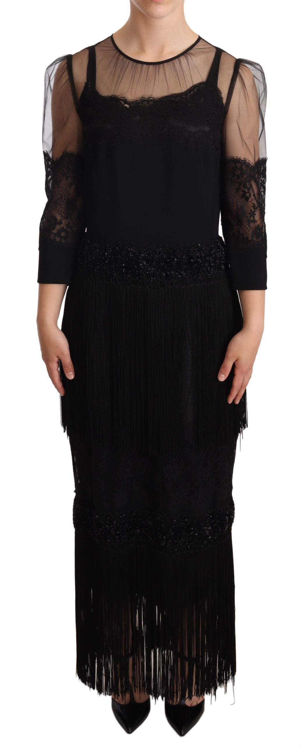 Dolce & Gabbana black maxi dress in sheer floral lace with crystal
