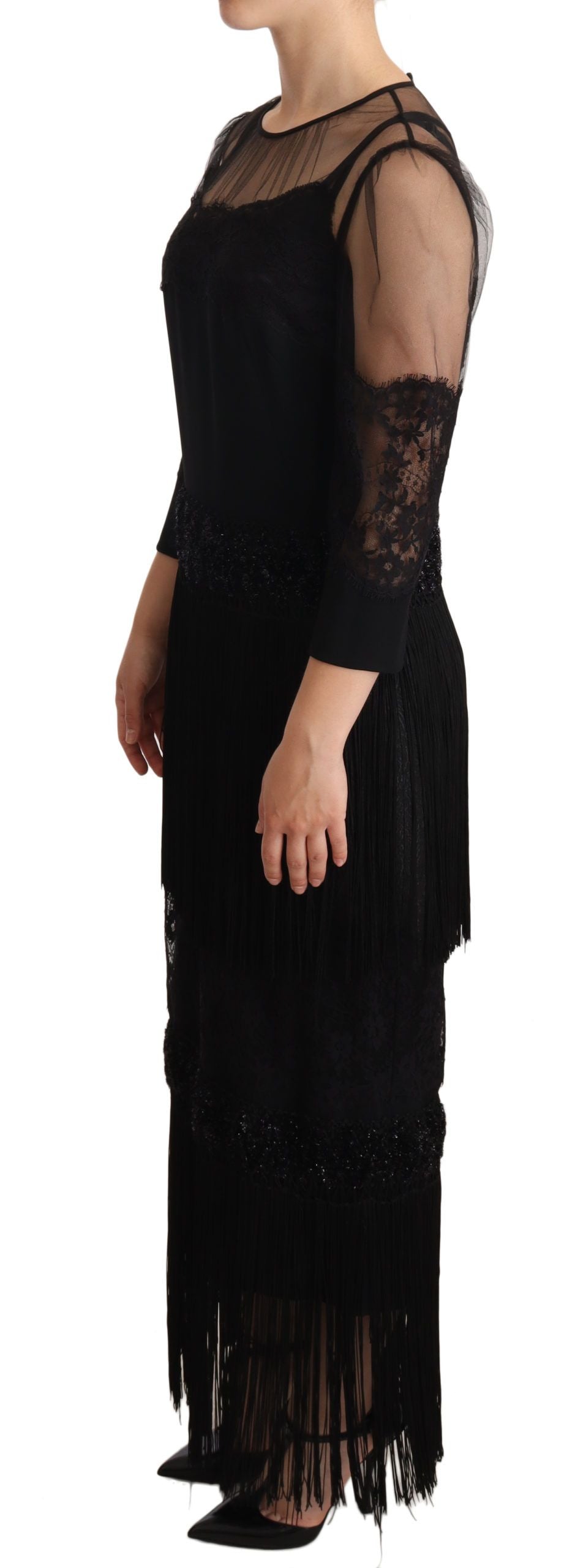 Dolce & Gabbana black maxi dress in sheer floral lace with crystal-2