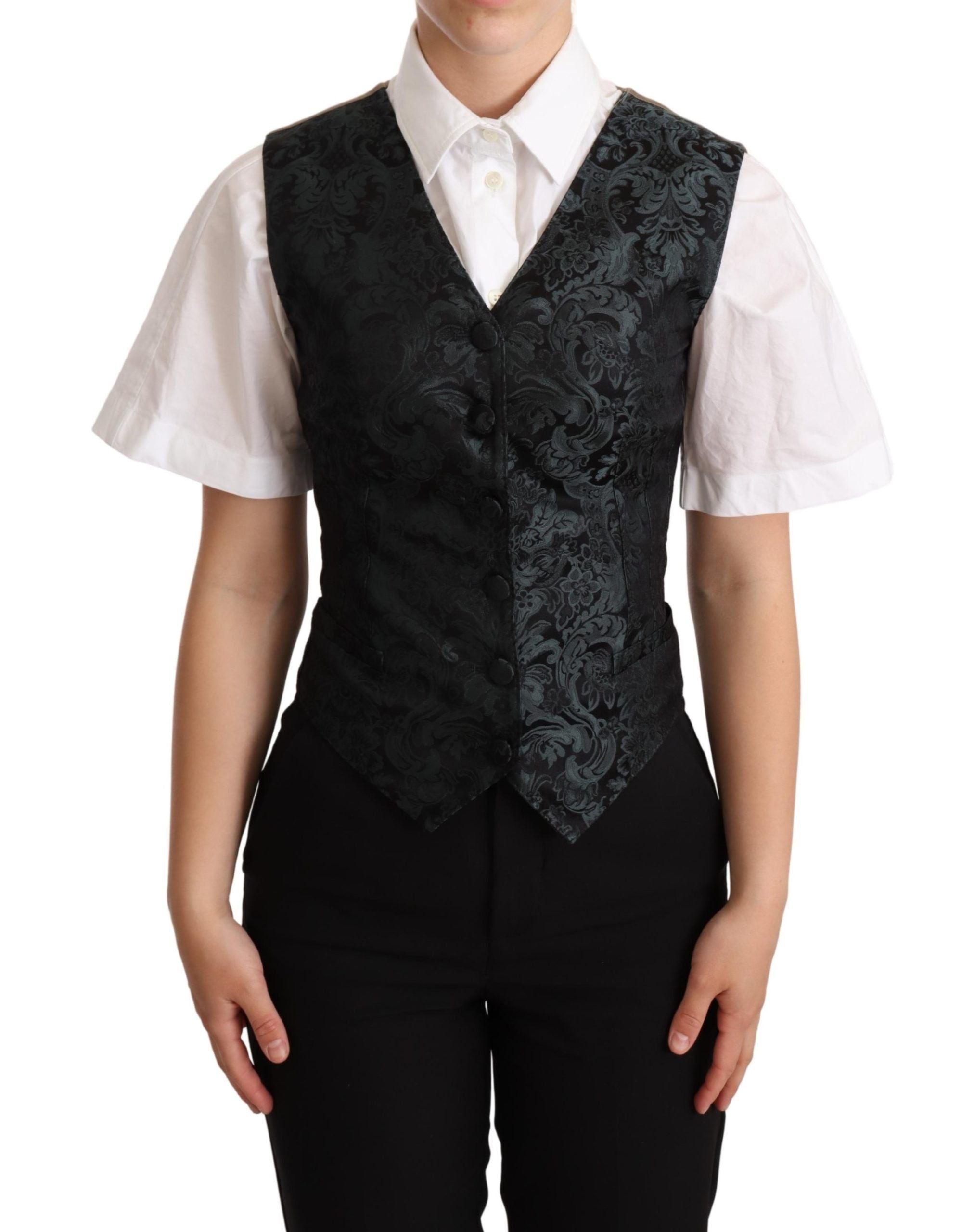 Dolce & Gabbana Black Jacquard Floral Vest Green-1