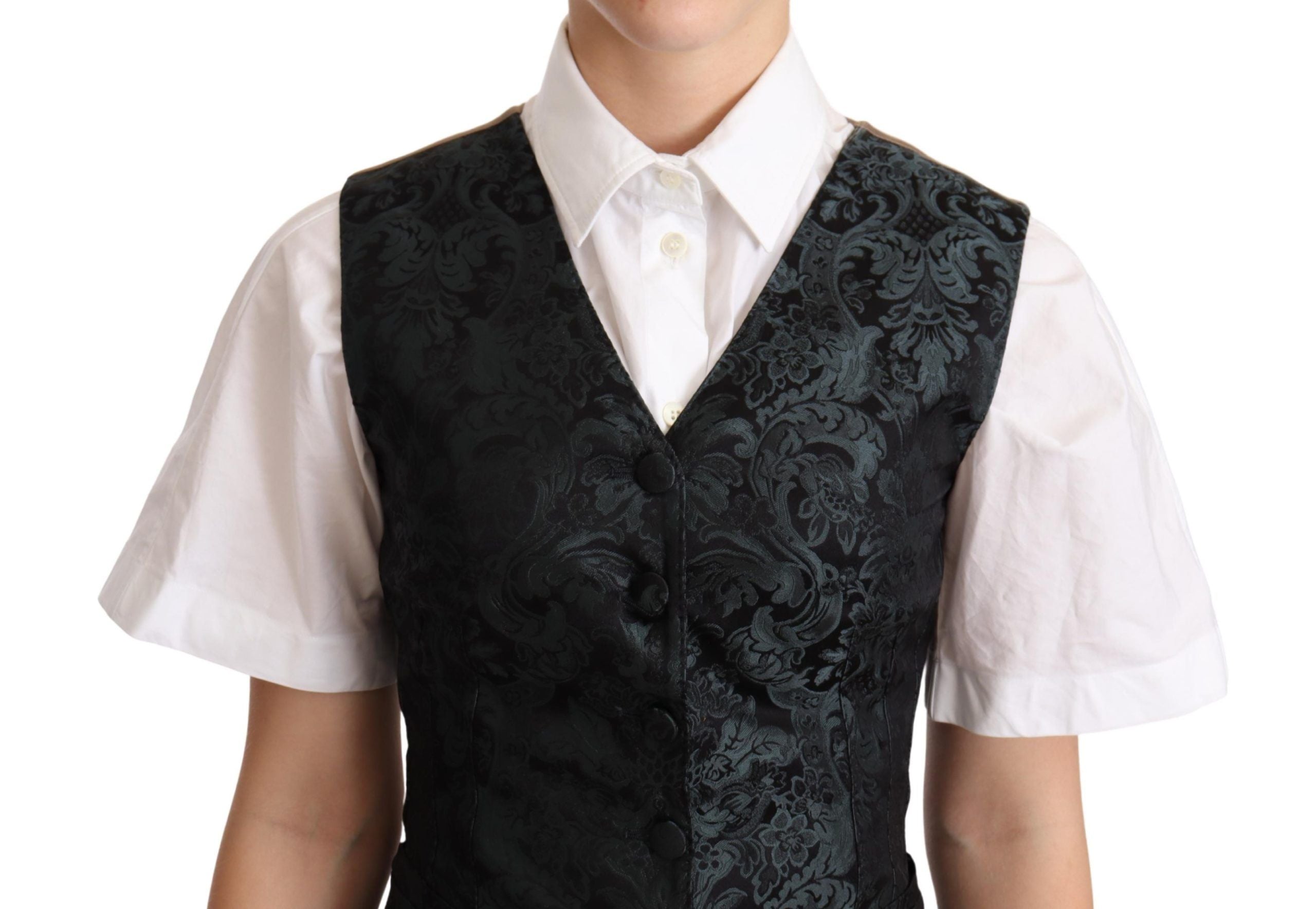 Dolce & Gabbana Black Jacquard Floral Vest Green-4