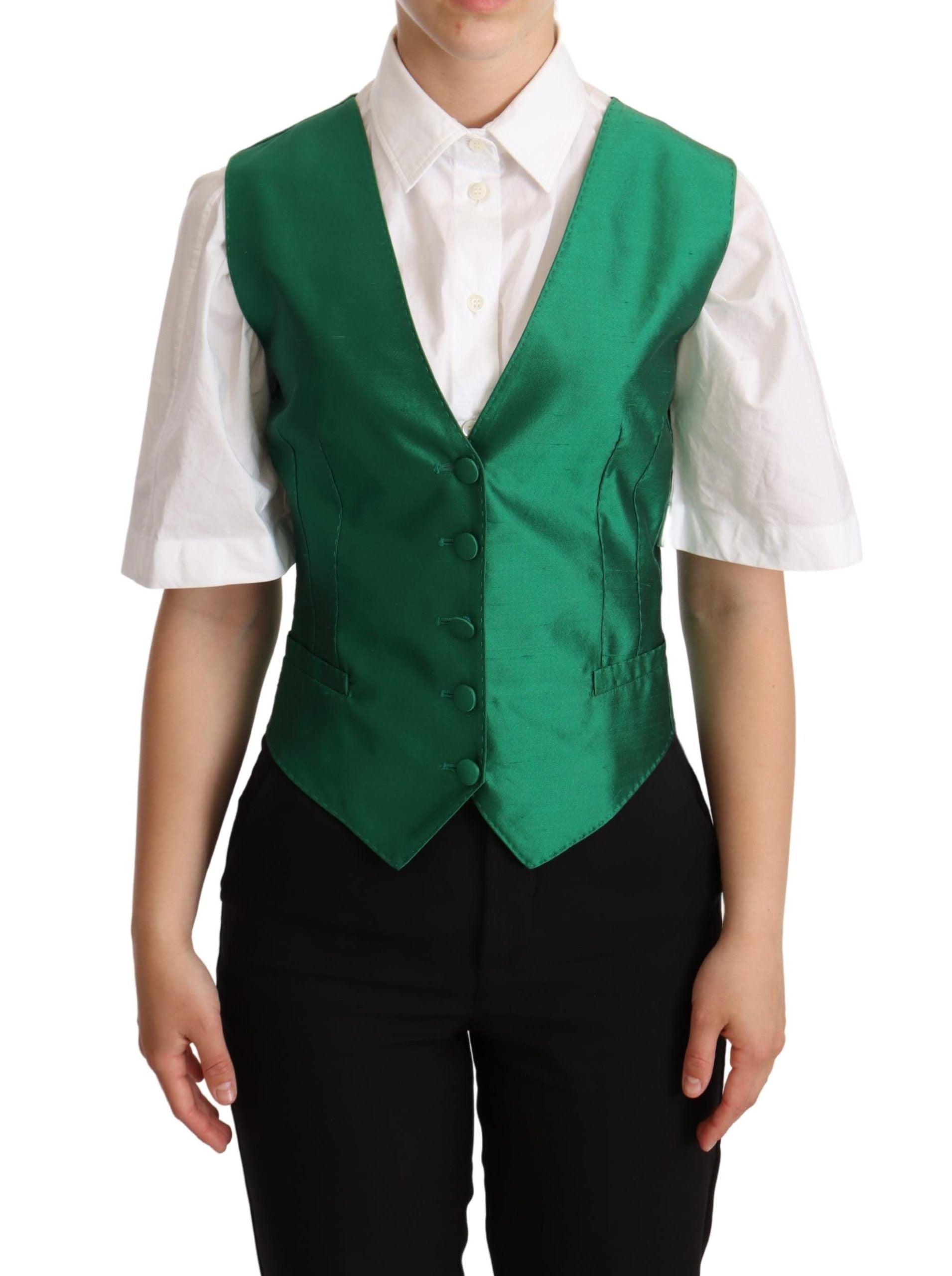 Dolce & Gabbana Grüner Seidensatin ärmellose Weste Weste-1