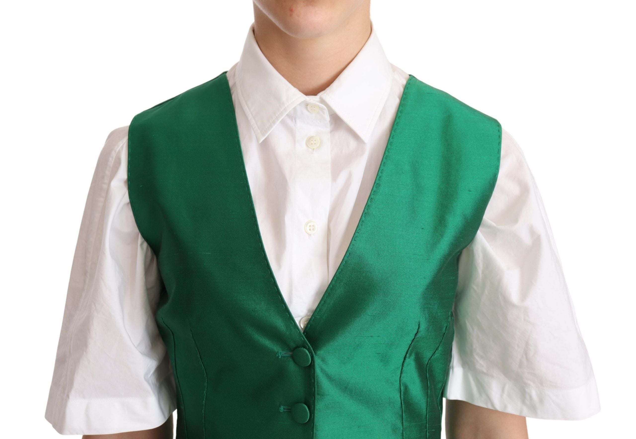 Dolce & Gabbana Grüner Seidensatin ärmellose Weste Weste-4
