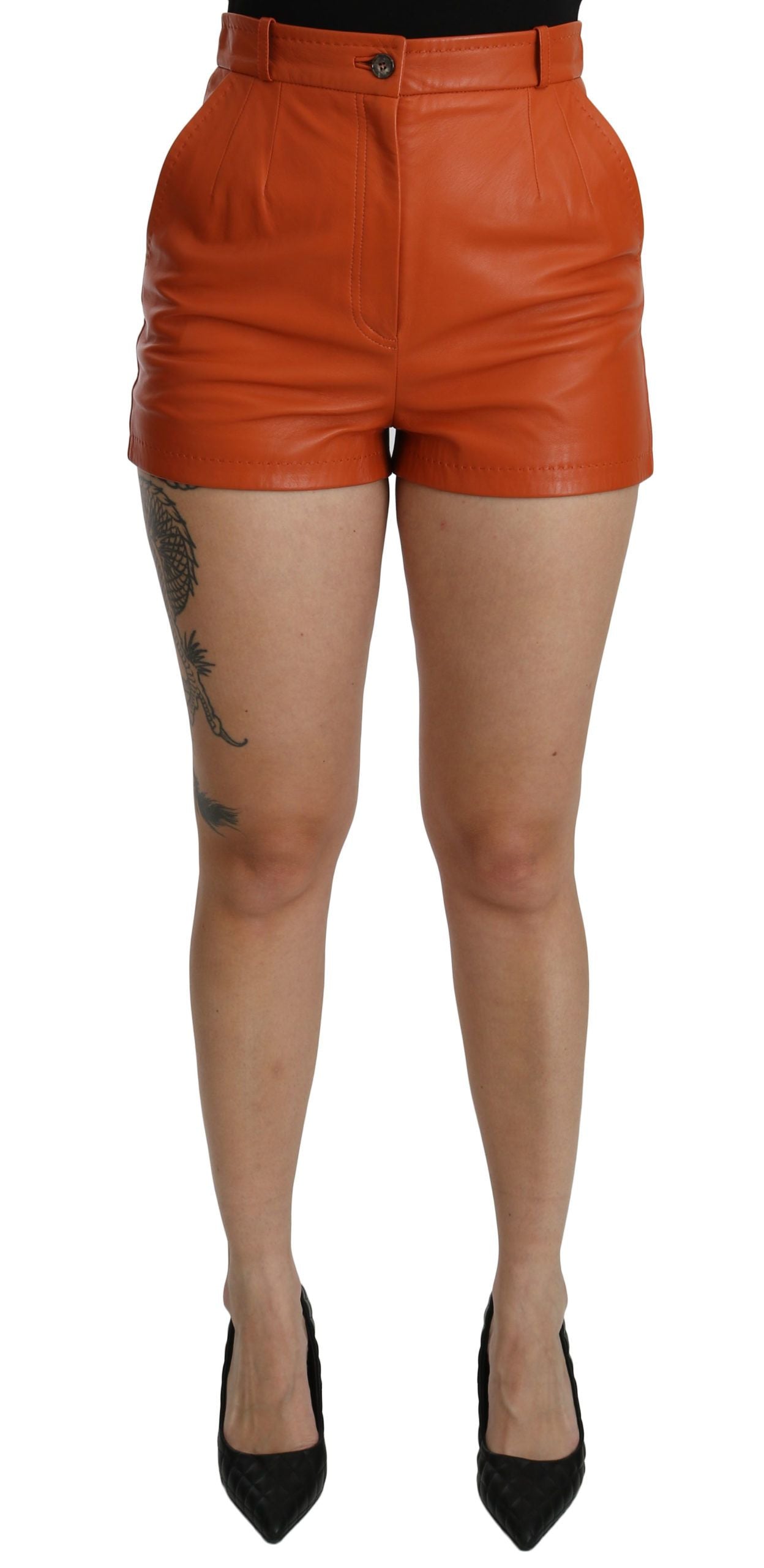Dolce & Gabbana Orange Leather High Waist Hot Pants Shorts-1