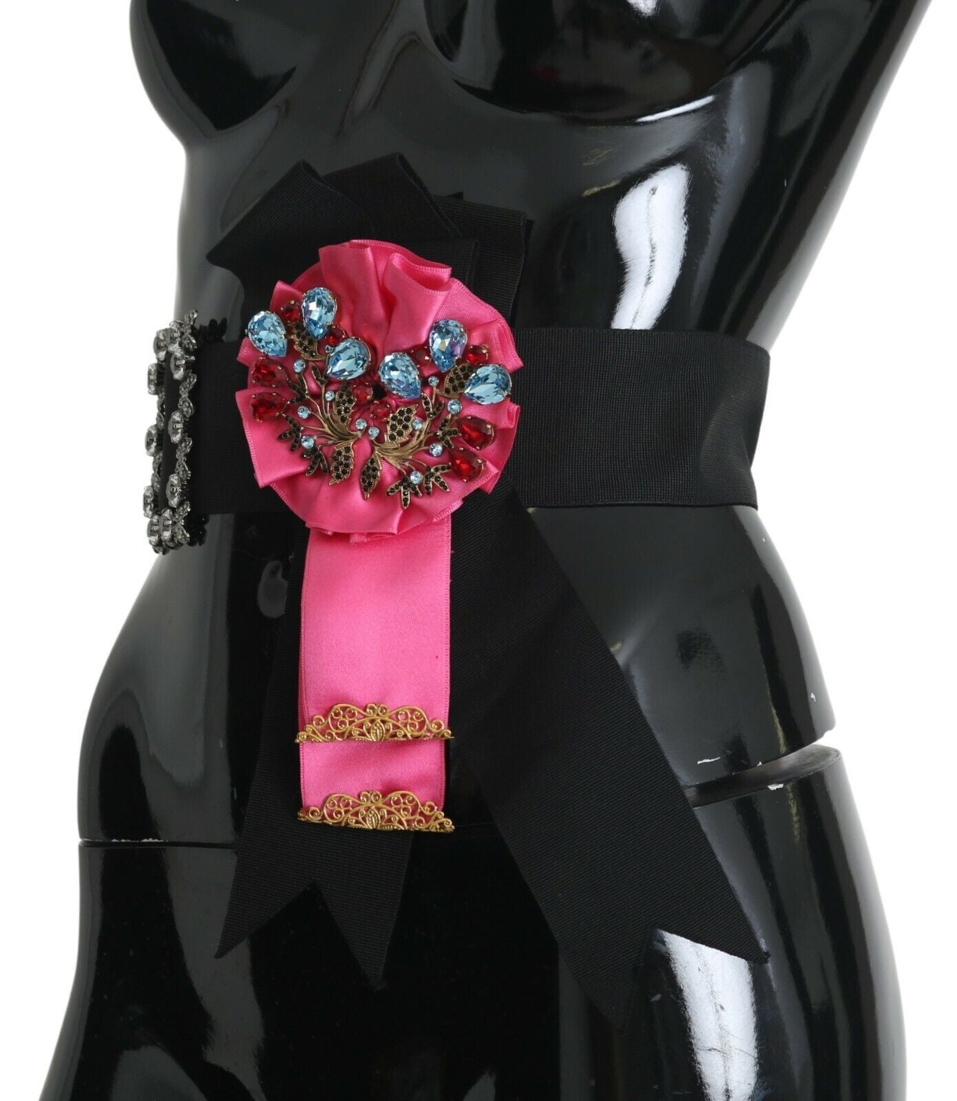 Dolce & Gabbana Black Pink Flower Brooch Crystals Cotton Belt-2
