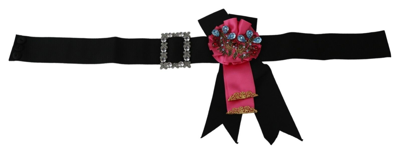 Dolce & Gabbana Black Pink Flower Brooch Crystals Cotton Belt-4
