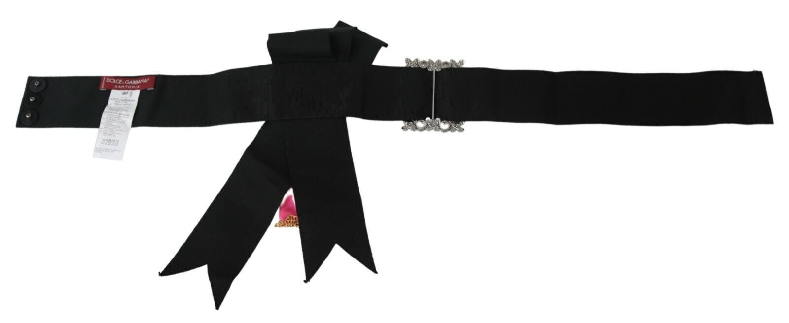 Dolce & Gabbana Black Pink Flower Brooch Crystals Cotton Belt-5