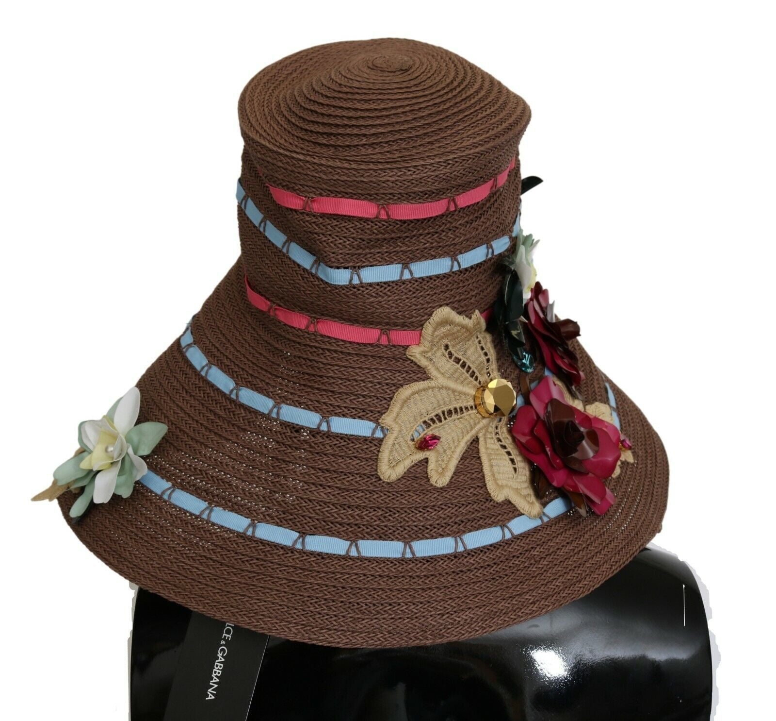 Dolce & Gabbana brown knitted straw hat with flowers-3
