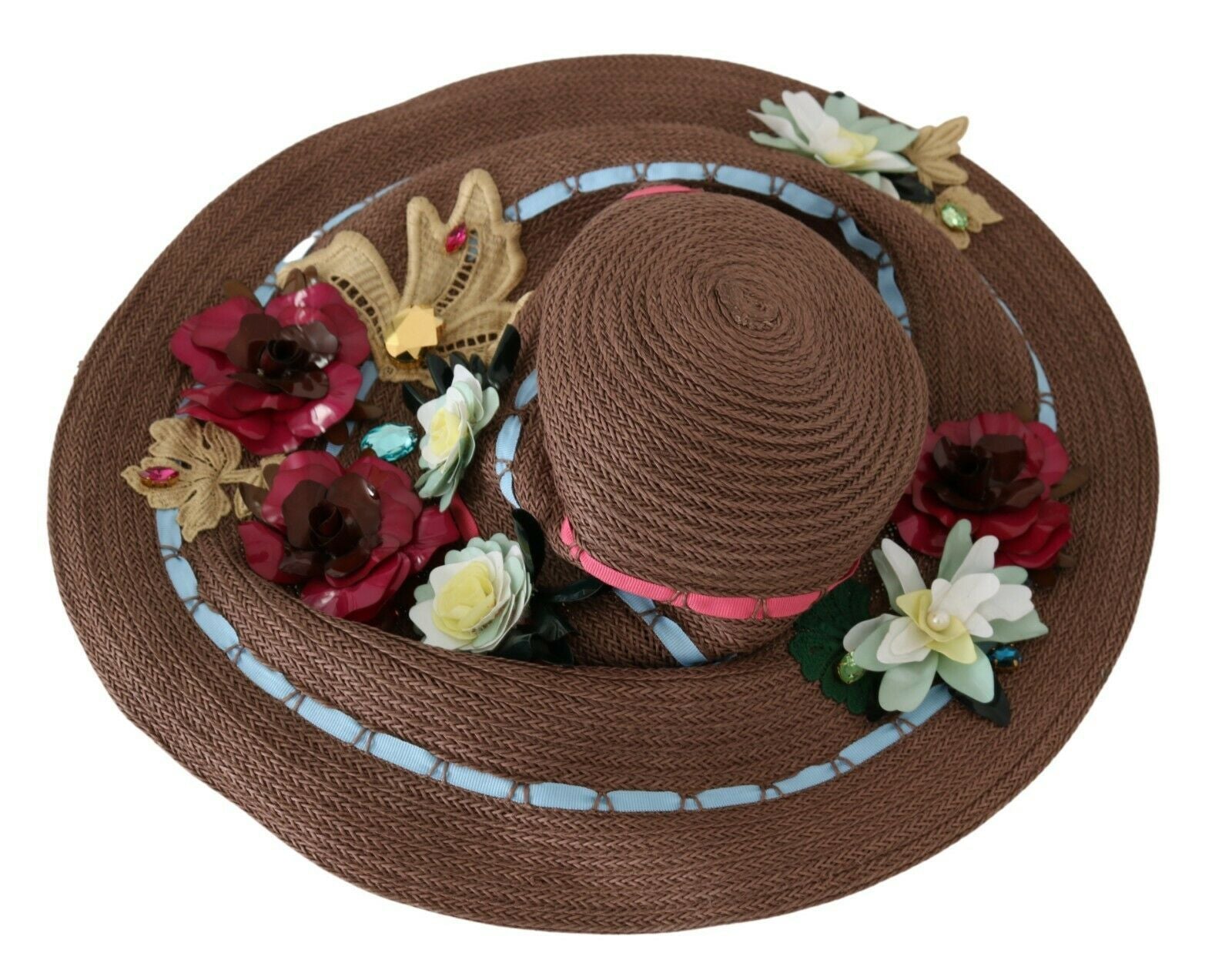 Dolce & Gabbana brown knitted straw hat with flowers-4