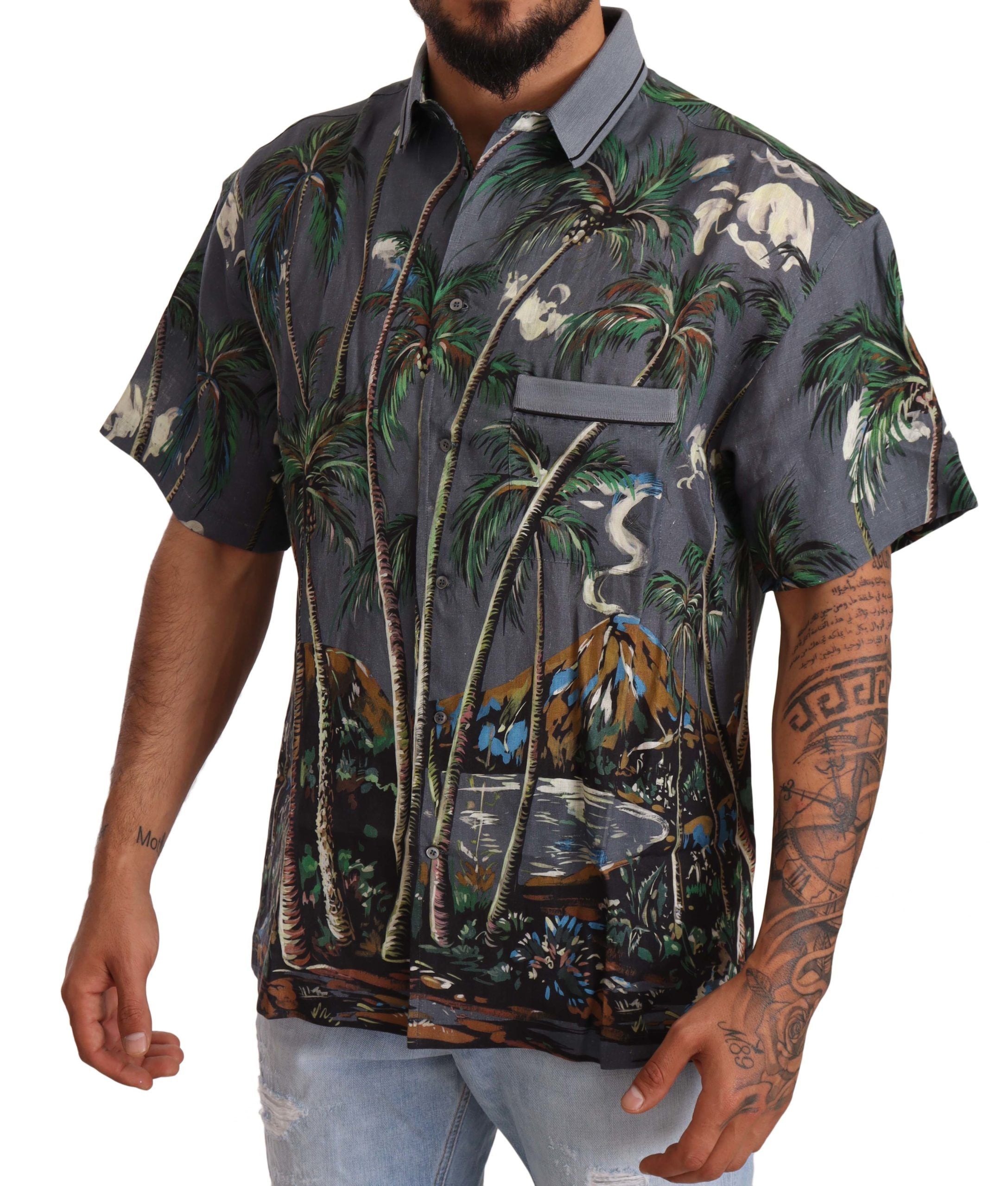 Dolce & Gabbana grey linen shirt with tropical print and collar-2