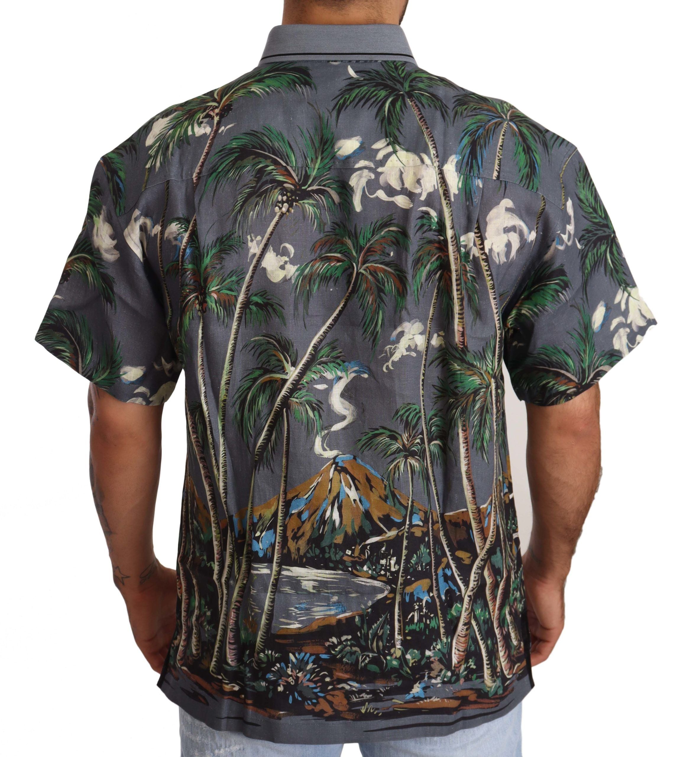 Dolce & Gabbana grey linen shirt with tropical print and collar-3