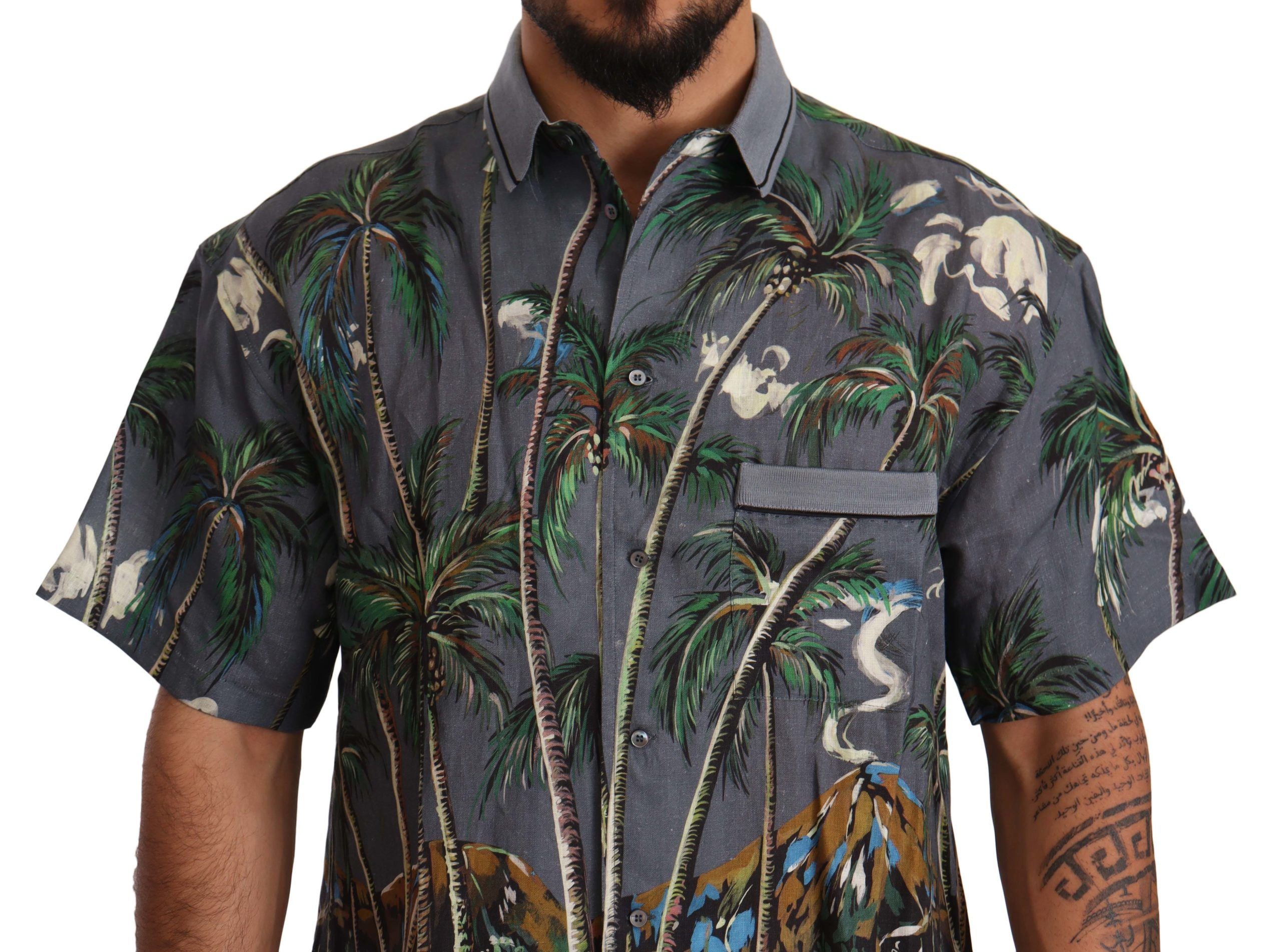 Dolce & Gabbana grey linen shirt with tropical print and collar-4