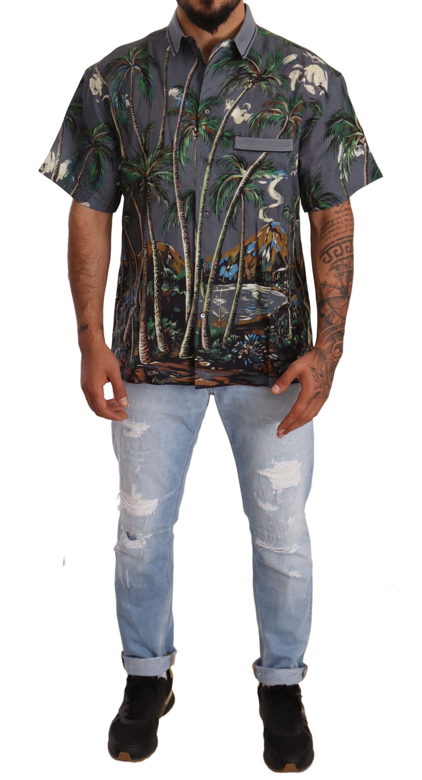 Dolce & Gabbana grey linen shirt with tropical print and collar-5