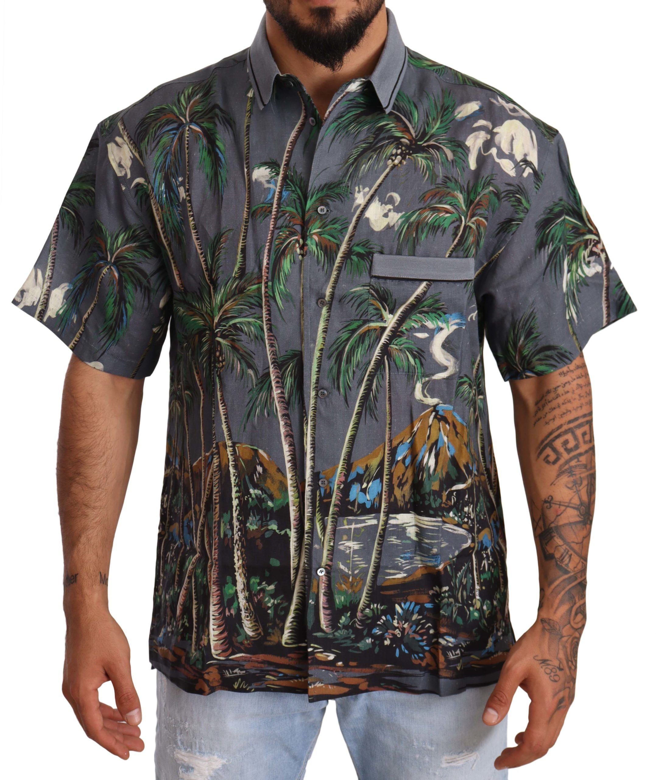Dolce & Gabbana grey linen shirt with tropical print and collar-1
