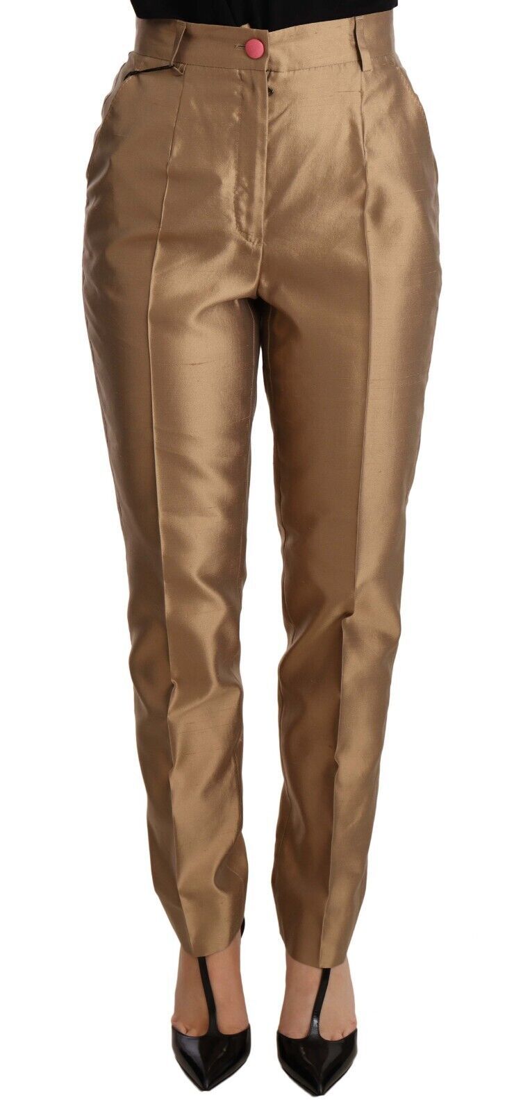 Dolce & Gabbana Gold-colored silk trousers, metallic cone-shaped trousers