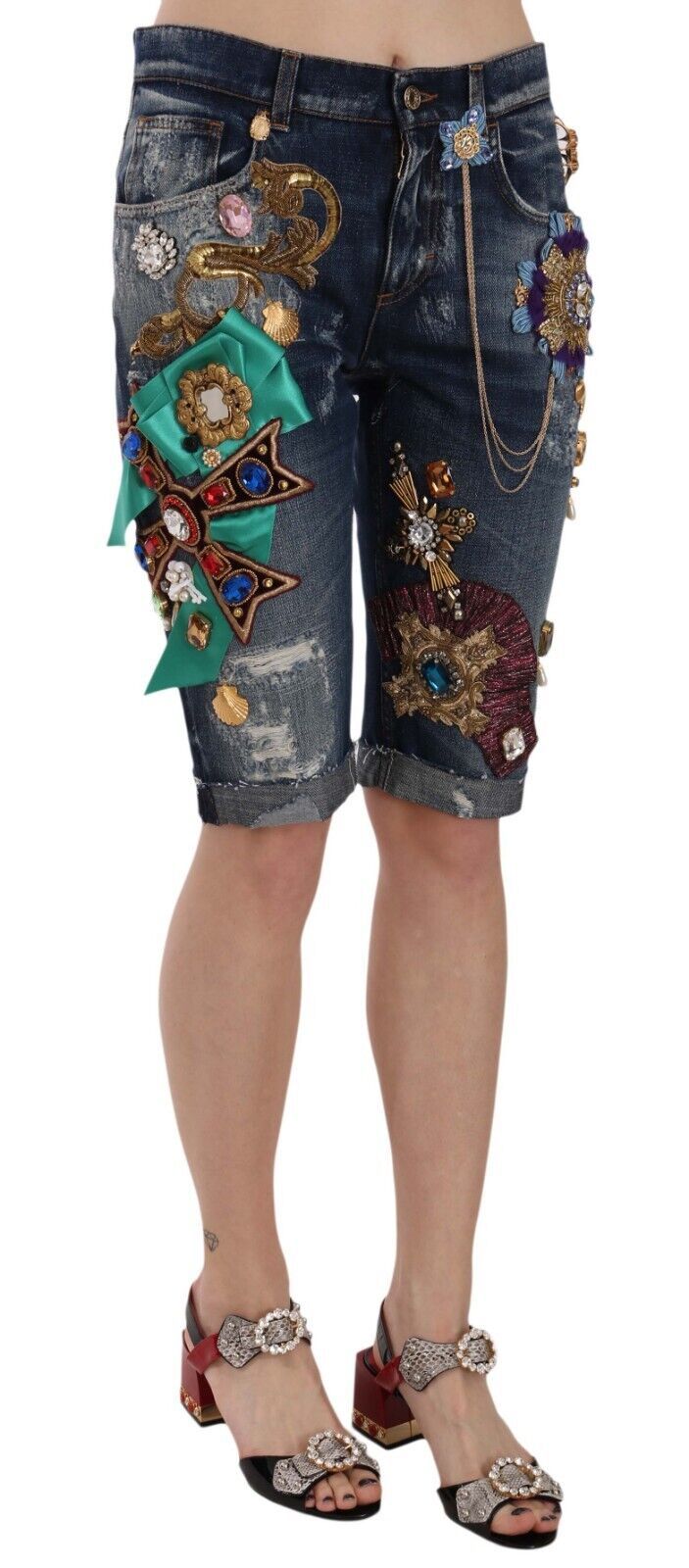 Dolce & Gabbana Blue Denim Mid Waist Crystal Capri Shorts-2