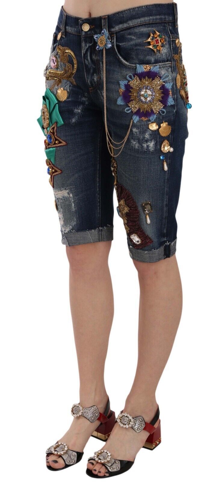 Dolce & Gabbana Blue Denim Mid Waist Crystal Capri Shorts-3
