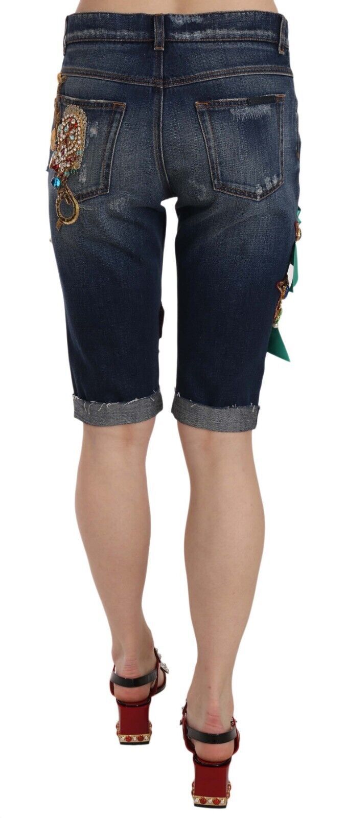 Dolce & Gabbana Blue Denim Mid Waist Crystal Capri Shorts-4