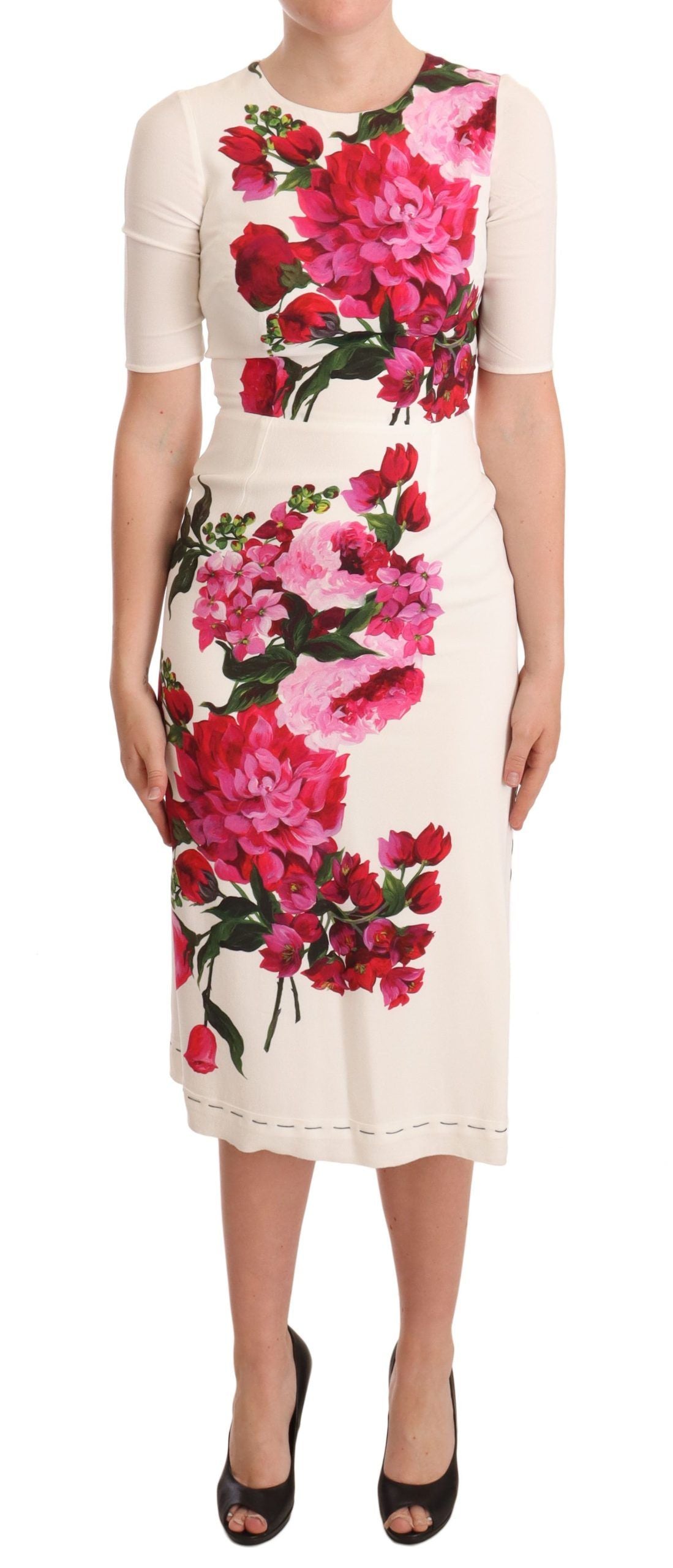 Dolce & Gabbana Weißes Midikleid aus Crêpe mit Blumenmuster und Schlitz-5