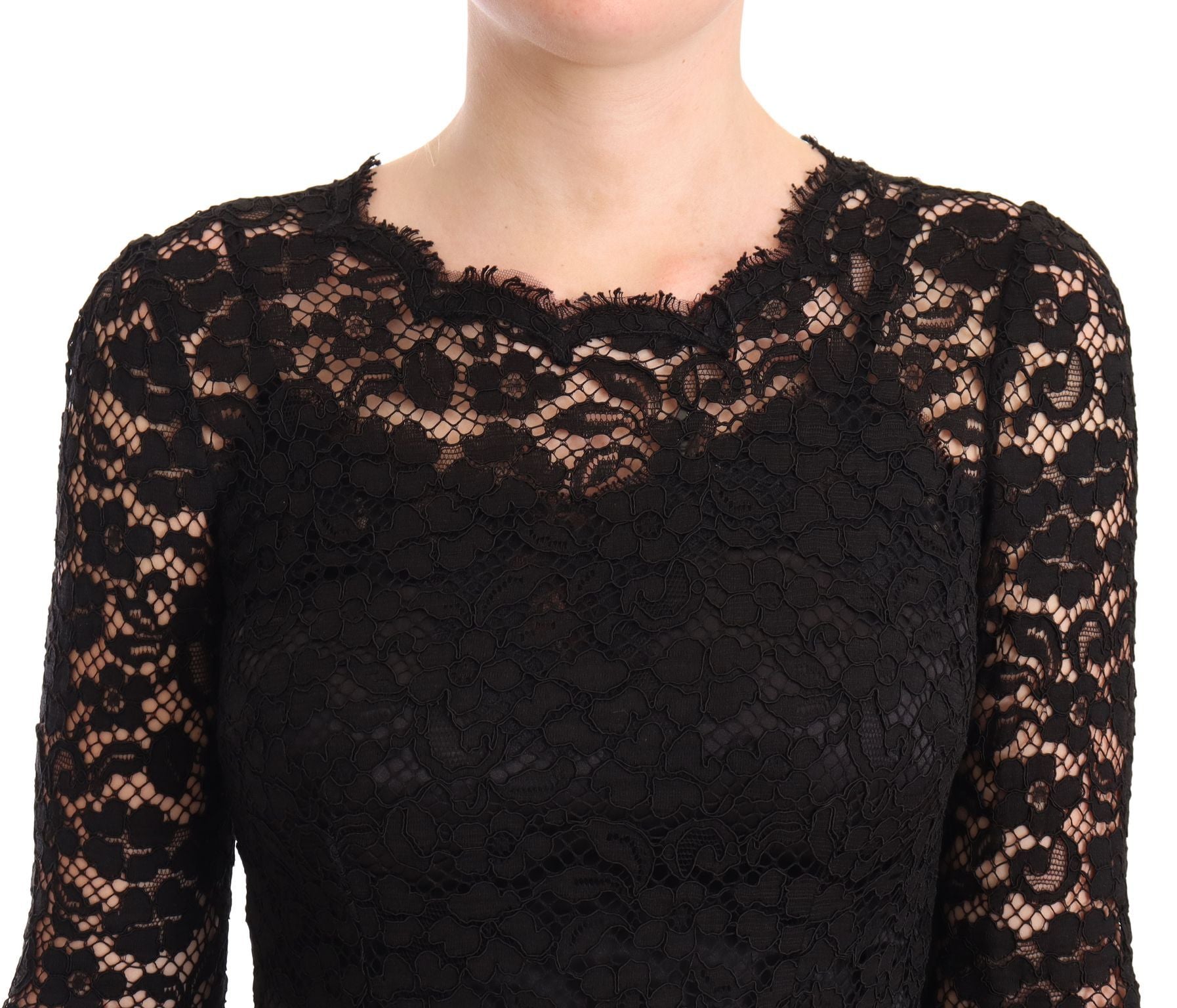 Dolce & Gabbana Black Cotton Lace Dress with Long Sleeves and Mermaid-2
