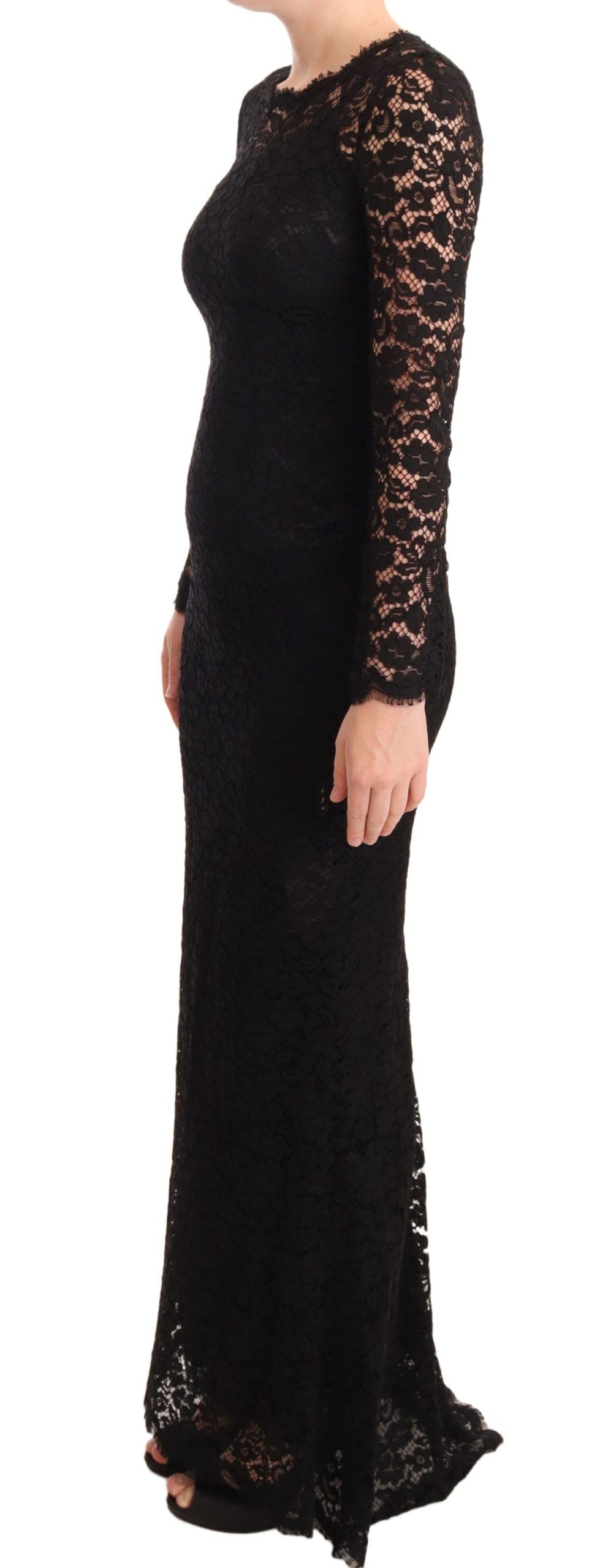 Dolce & Gabbana Black Cotton Lace Dress with Long Sleeves and Mermaid-3