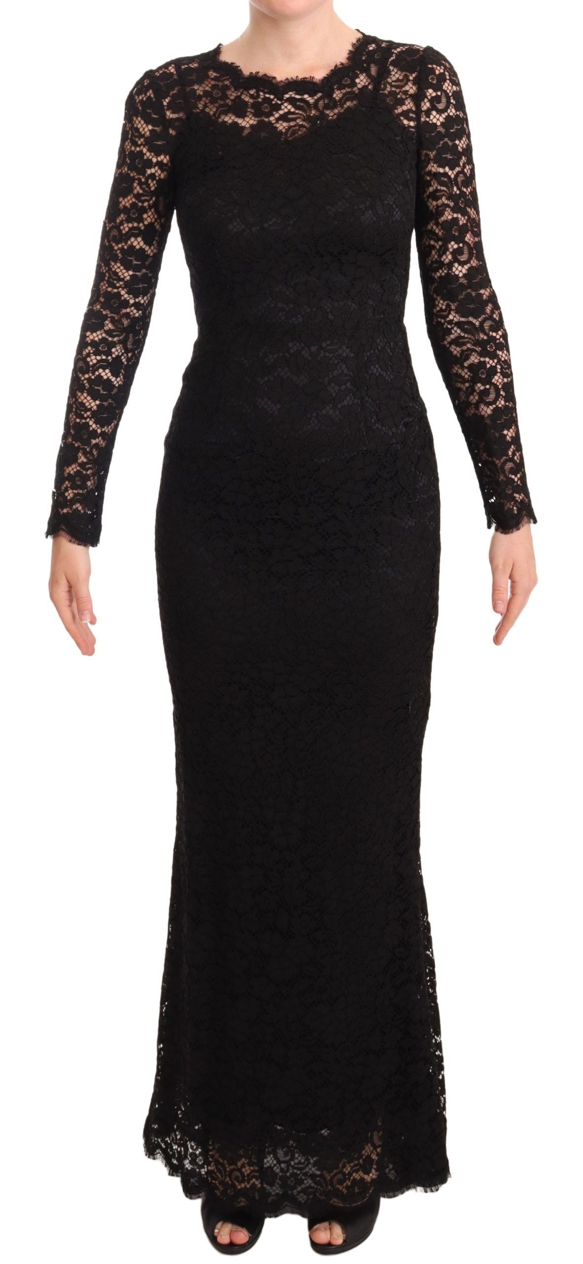 Dolce & Gabbana Black Cotton Lace Dress with Long Sleeves and Mermaid