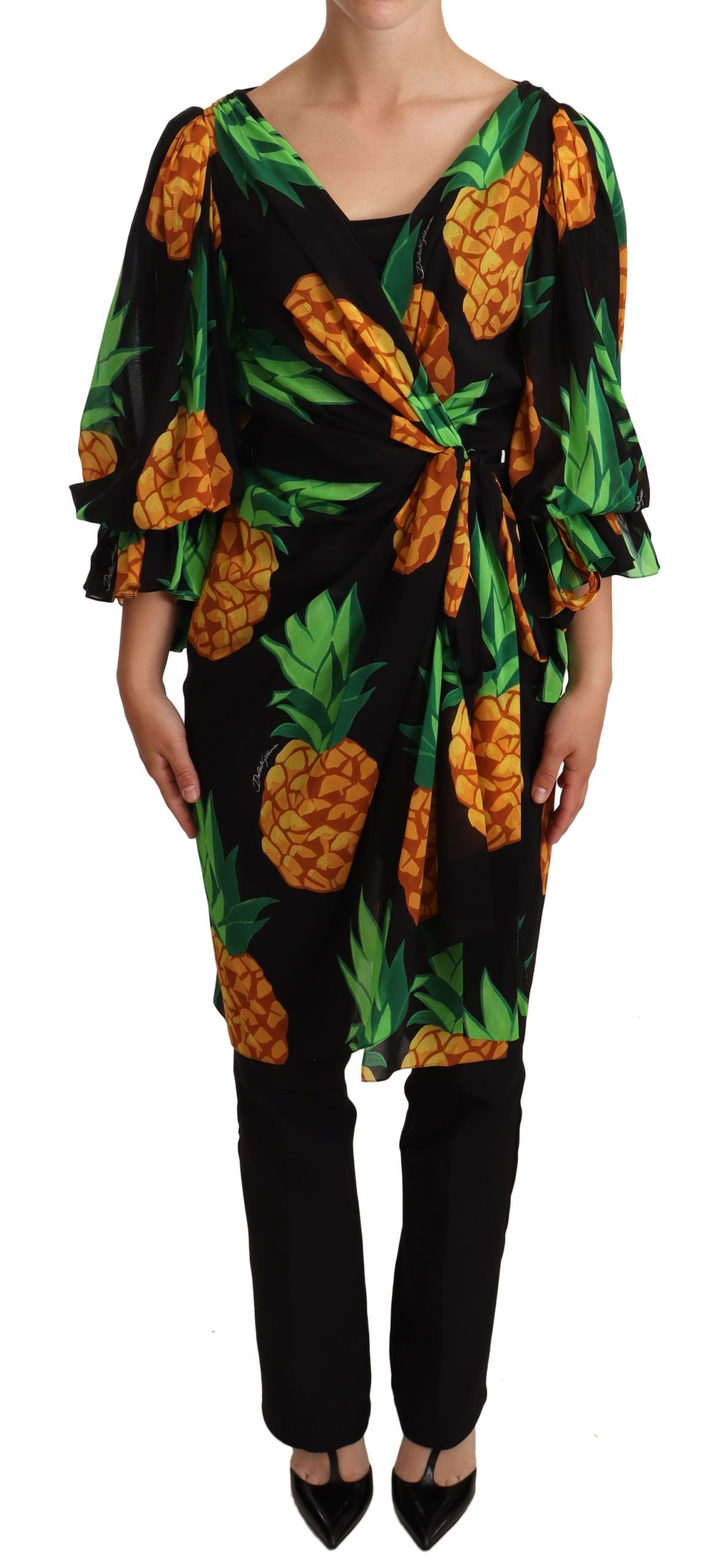 Dolce & Gabbana Black Pineapple Print Wrap Dress in Stretch Silk-1