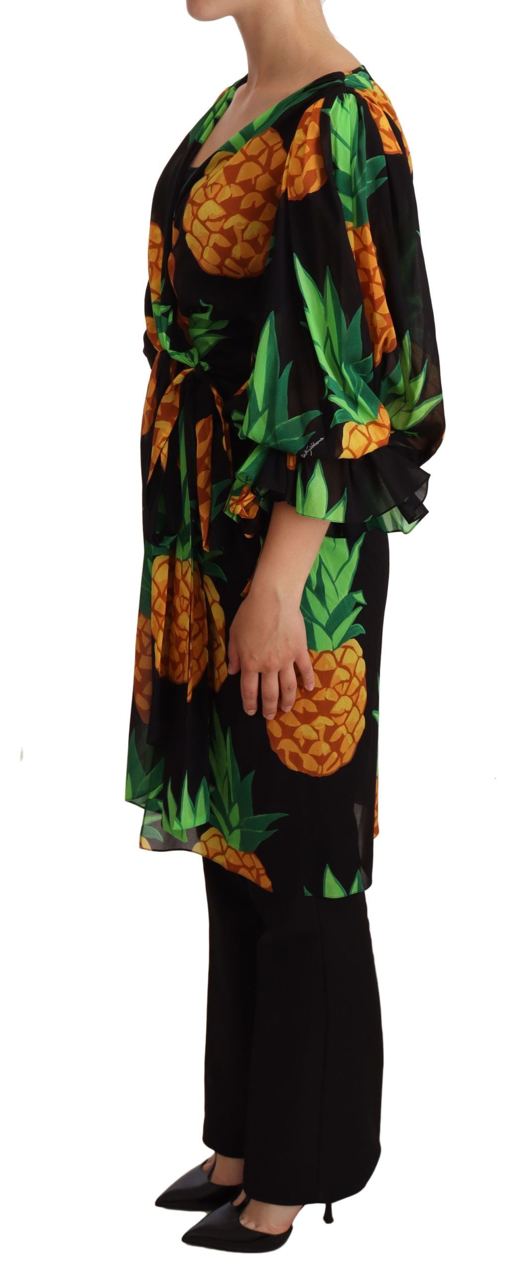 Dolce & Gabbana Black Pineapple Print Wrap Dress in Stretch Silk-2