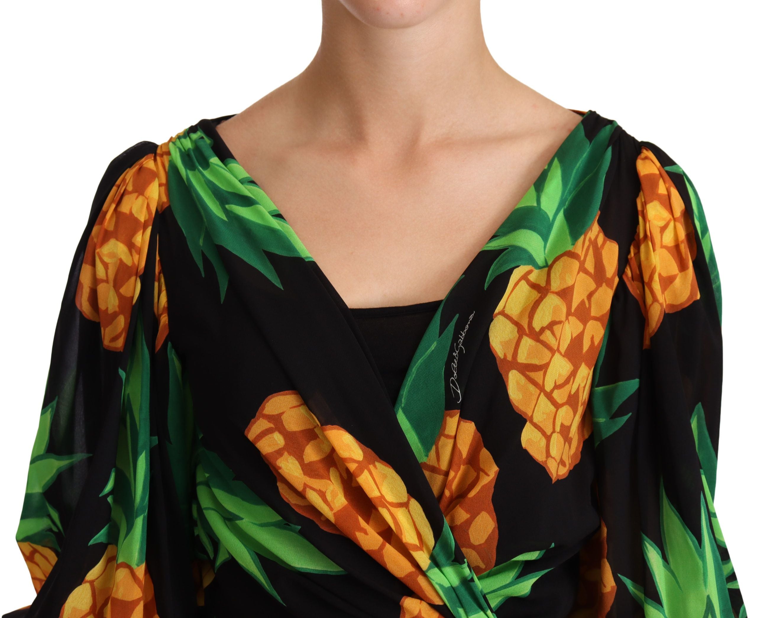 Dolce & Gabbana Black Pineapple Print Wrap Dress in Stretch Silk-4