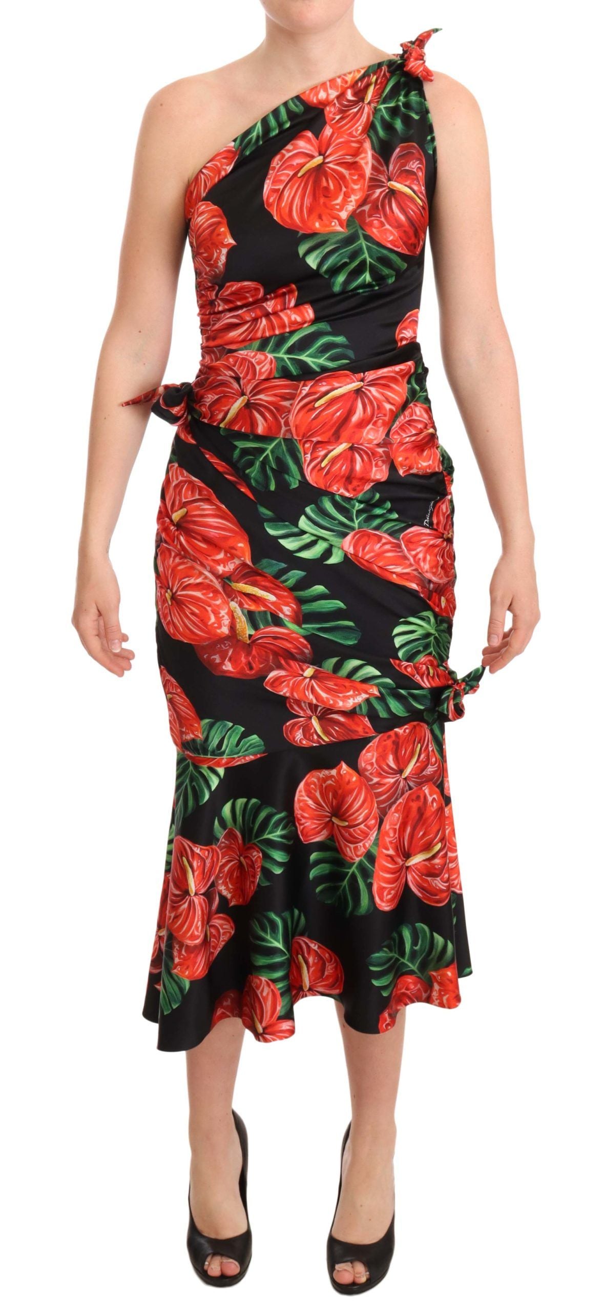 Dolce & Gabbana black, shiny, floral silk dress with draping-1