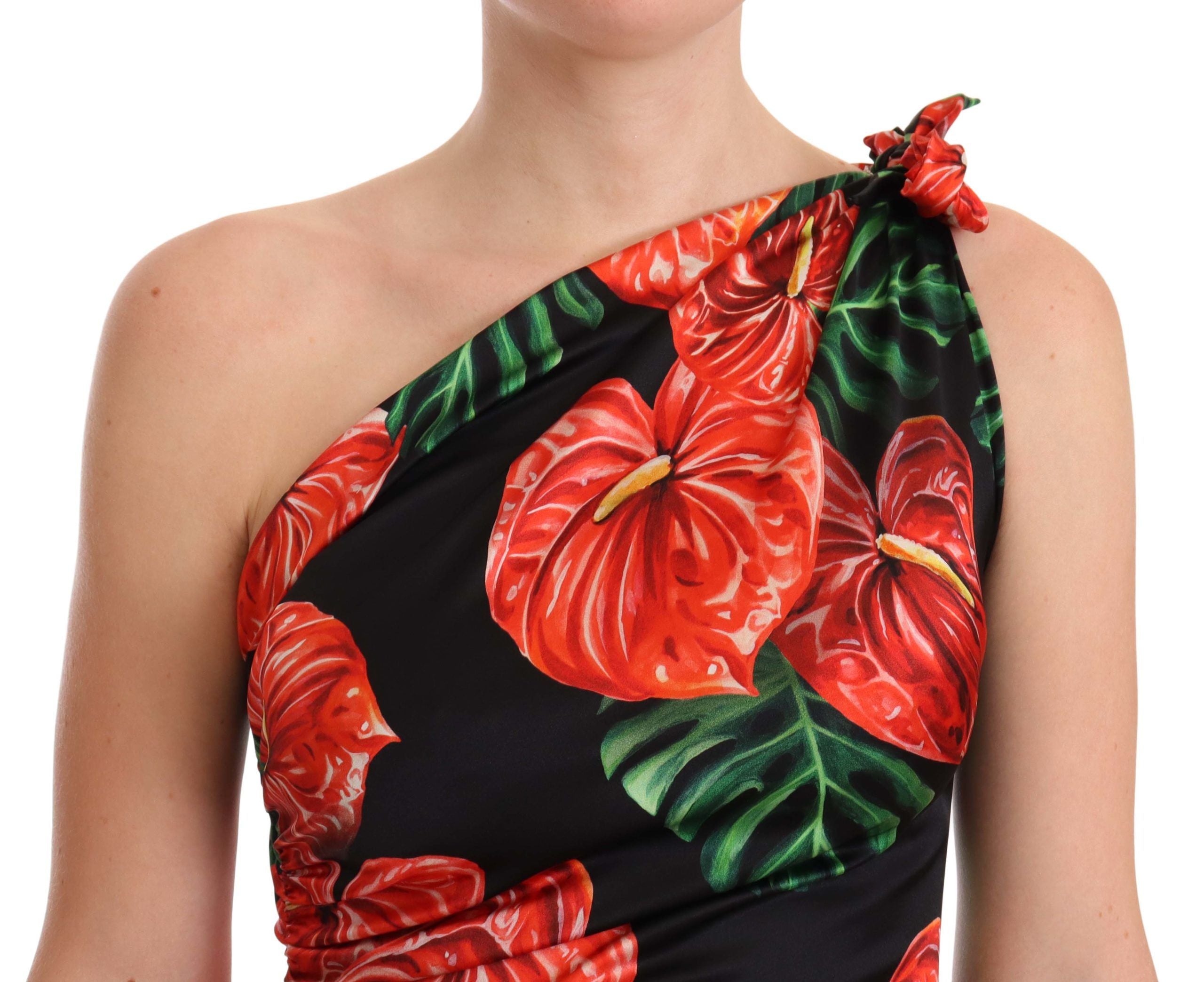 Dolce & Gabbana black, shiny, floral silk dress with draping-4