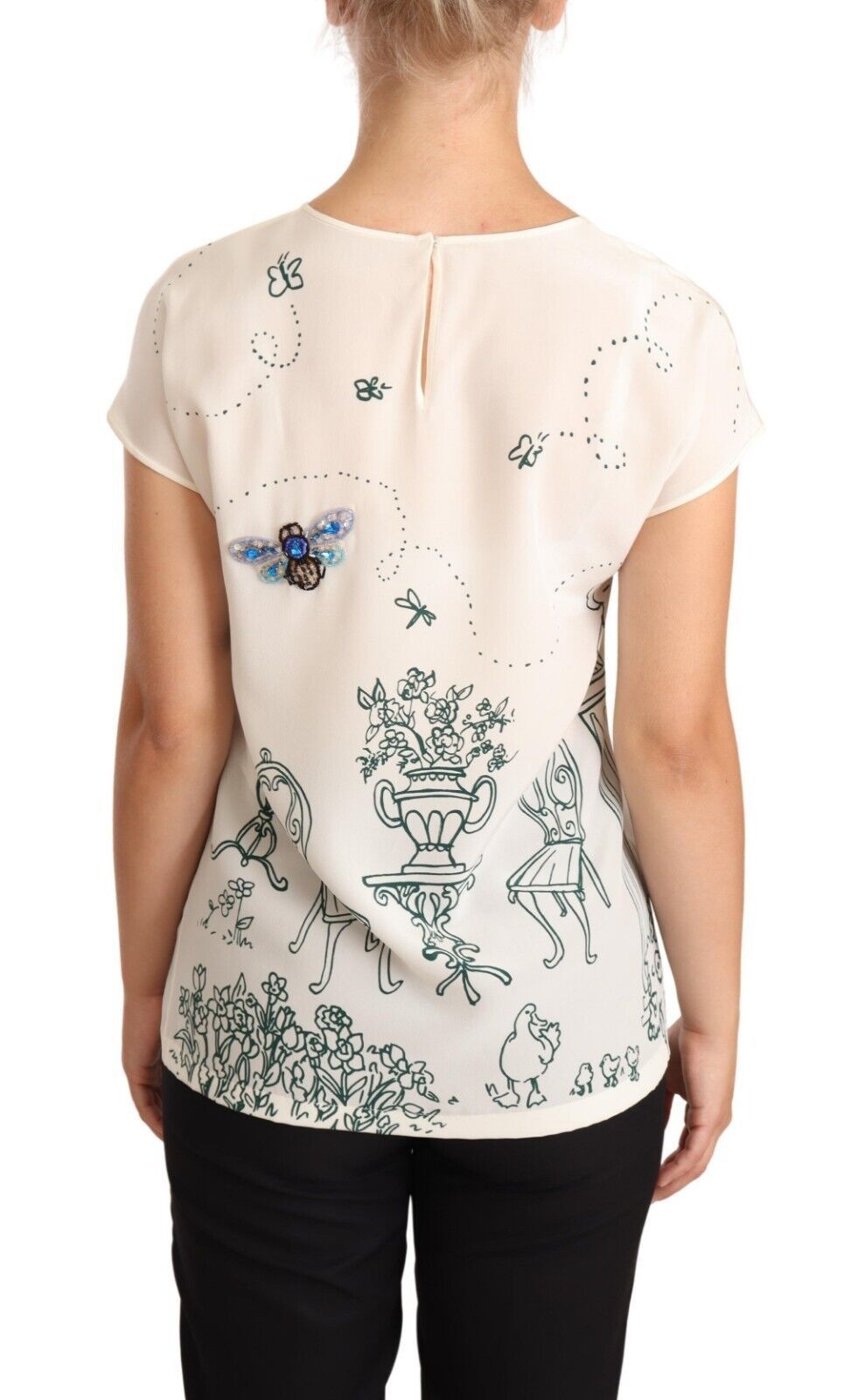 Blusa estilo camiseta de seda blanca de Dolce & Gabbana con diseño de fuente de jardín-3