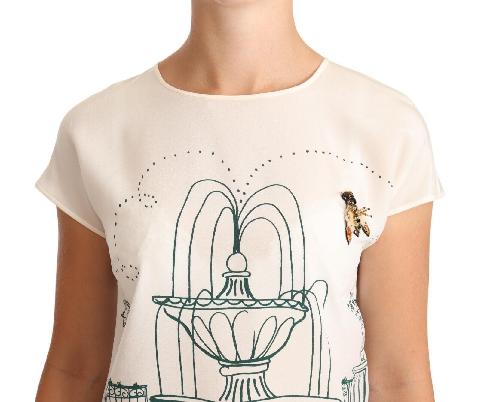 Blusa estilo camiseta de seda blanca de Dolce & Gabbana con diseño de fuente de jardín-4