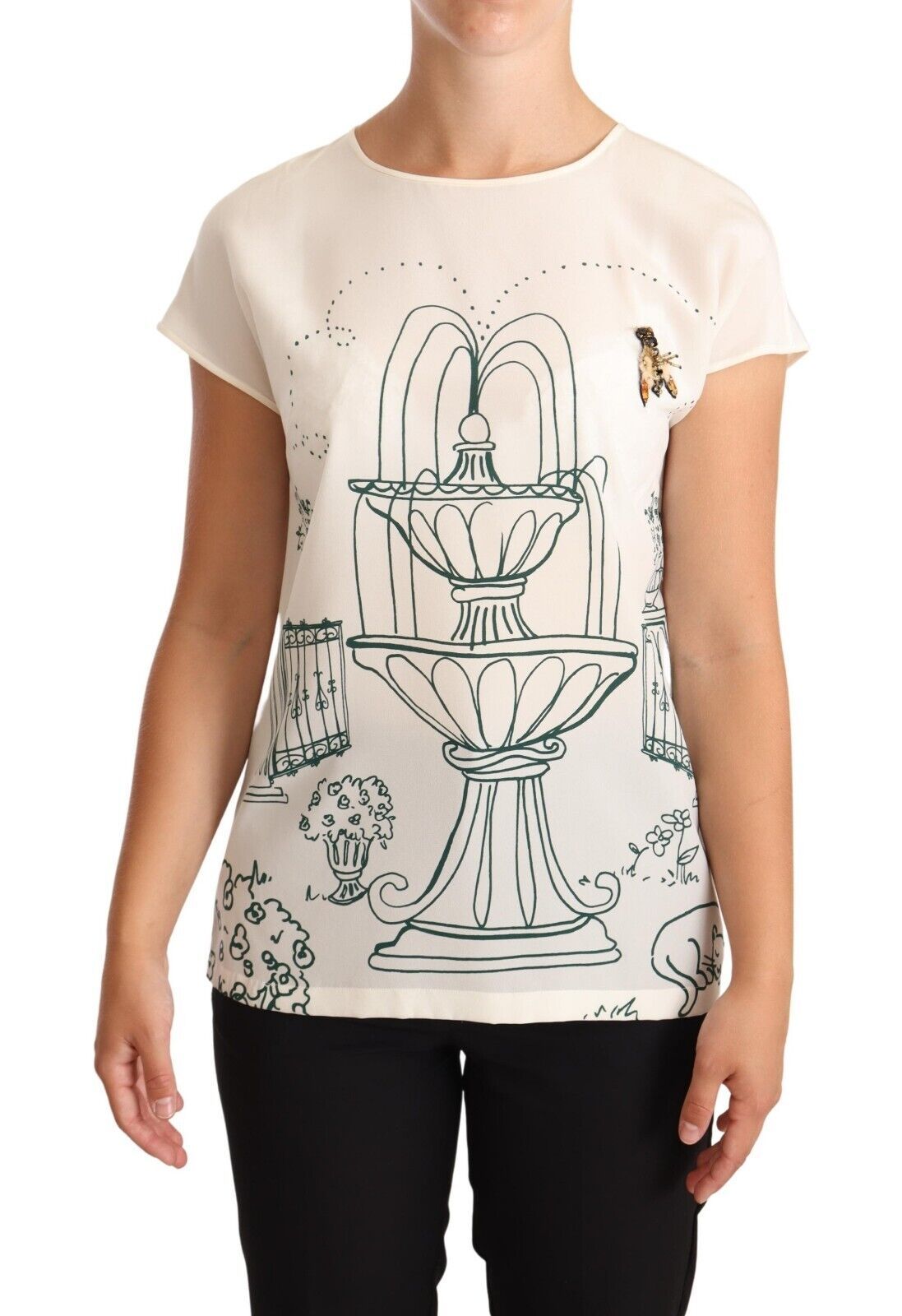 Dolce & Gabbana white silk T-shirt blouse with garden fountain design