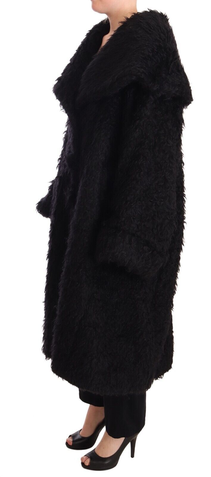 Dolce & Gabbana Black Mohair Fur Cape Trench Coat Jacket-2